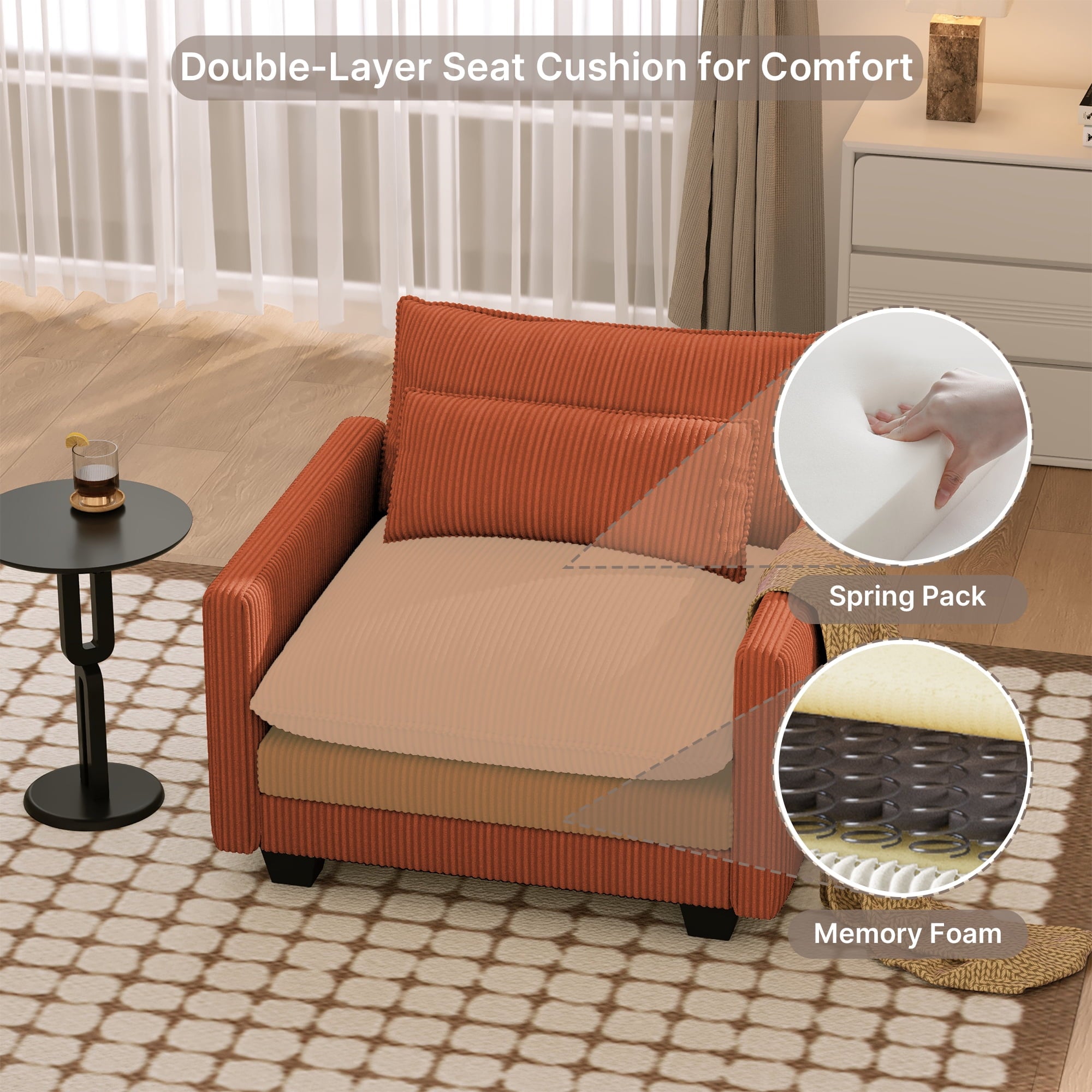 110'' Oversized L Shaped Couch for Living Room, Cloud Couches with Washable Corduroy Cover, Modern 4-Seater Comfy Deep-Seat Sofa with Movable Ottoman and 2 Throw Pillows for Apartment, Gray