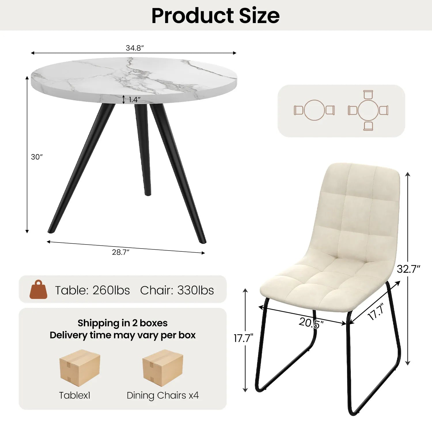 34.8 Round Dining Table for 4 People, Modern Circle Kitchen Table with Metal Legs for Kitchen, Dining Room, Apartment,Gray