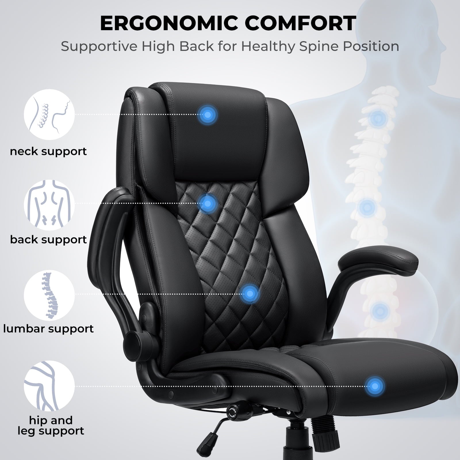 Hoffree Big and Tall Office Chair, 500lbs Executive Desk Chair with Adjustable Lumbar Support Ergonomic Computer Leather Chair with Padded Flip-up Arms for Home Office