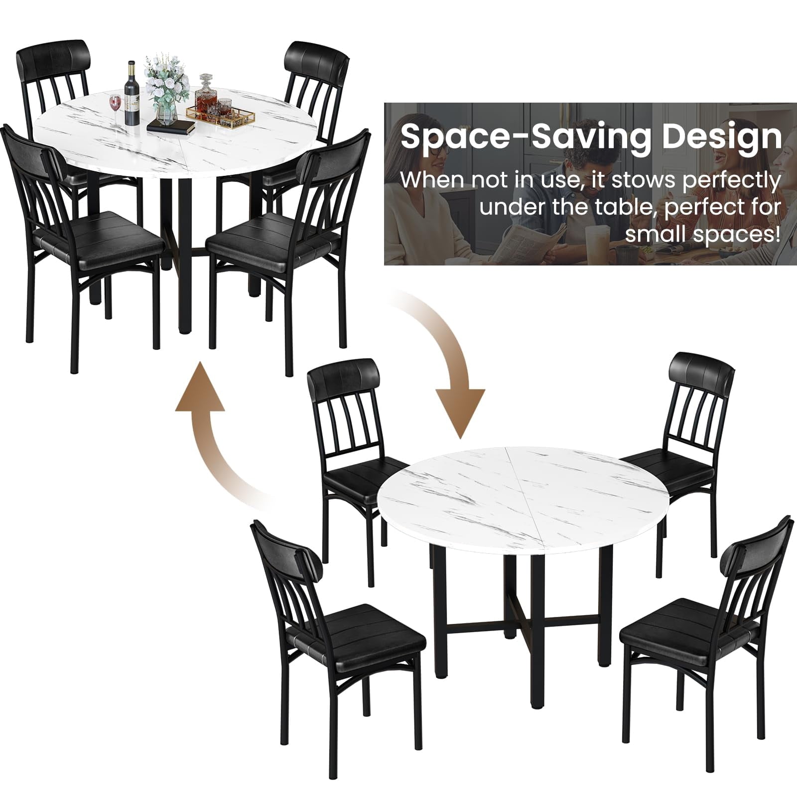 MOOSENG Round Dining Table Set for 4,Faux Marble Circle Dining Table Set with Chairs,Modern Kitchen Table and Chairs Set for 4,Round Dinner Table & Chair Set for Small Space