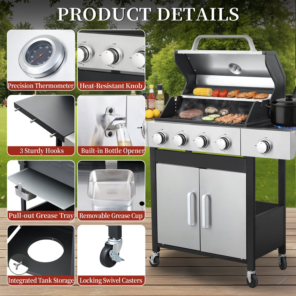CIG GARDEN 4-Burner Propane Gas Grill and Griddle Combo with Side Burner, Cast Iron Grates, and Double-Wall Insulated Lid