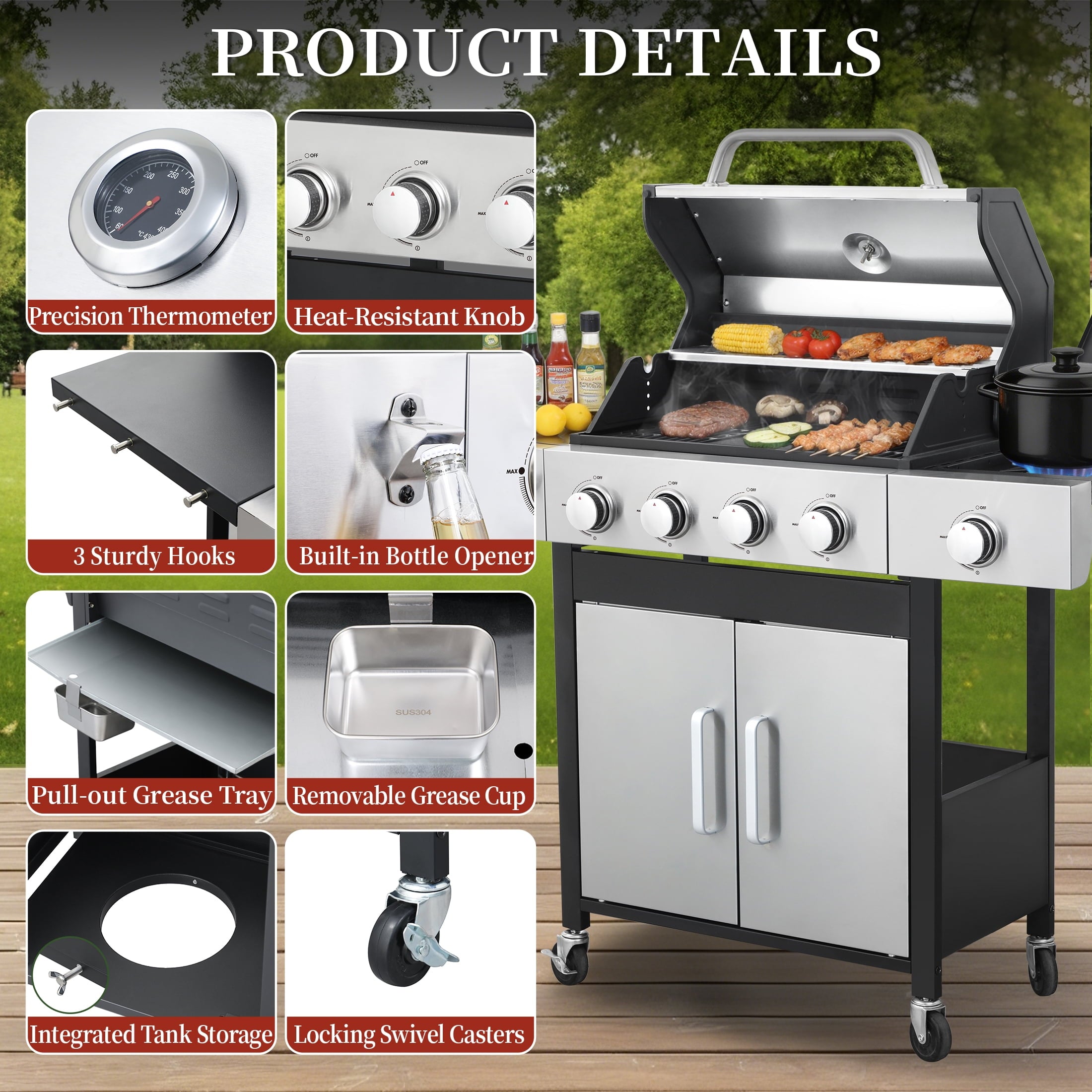 CIG GARDEN 4-Burner Propane Gas Grill and Griddle Combo with Side Burner, Cast Iron Grates, and Double-Wall Insulated Lid