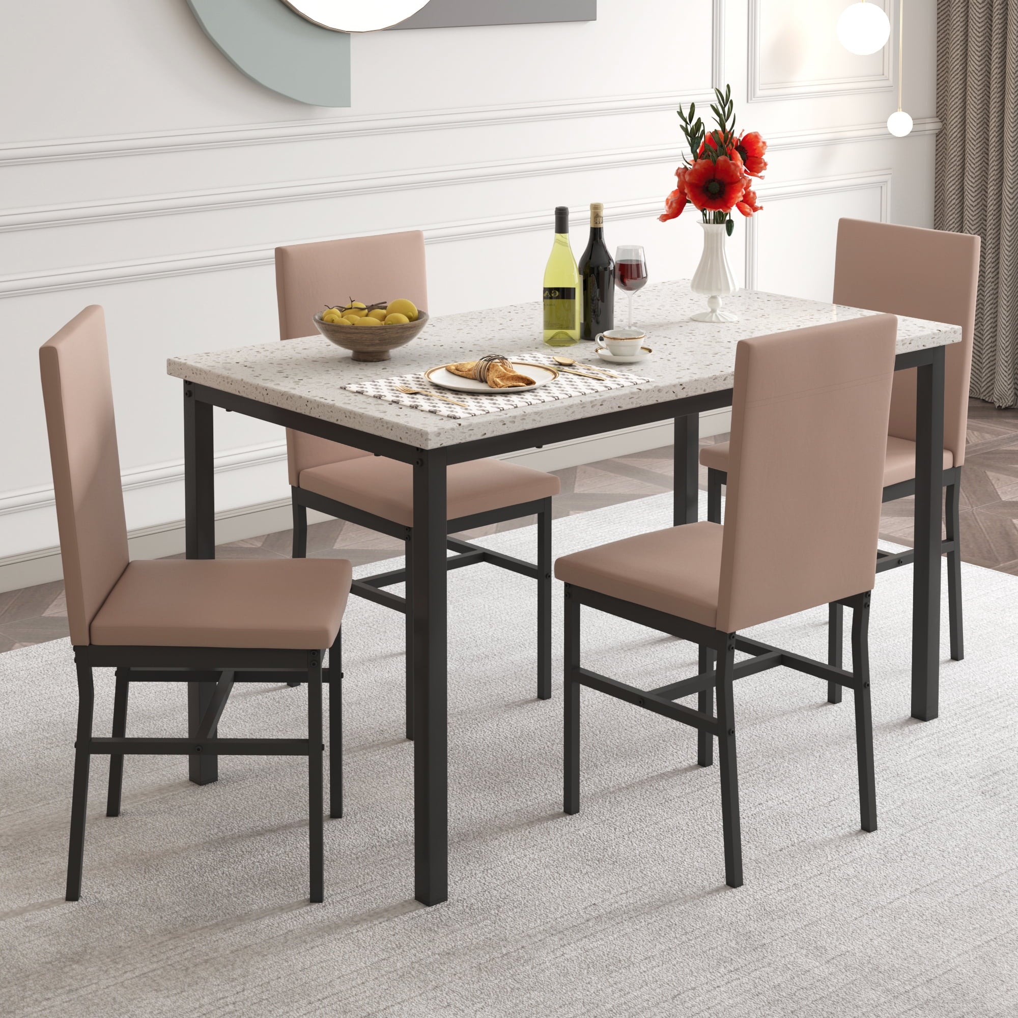 SYNGAR 5 Piece Dining Set, Modern Dining Table and Chairs Set for 4, Kitchen Dining Table Set with Faux Marble Tabletop & 4 Upholstered Chairs, for Small Space, Breakfast Nook, D9224