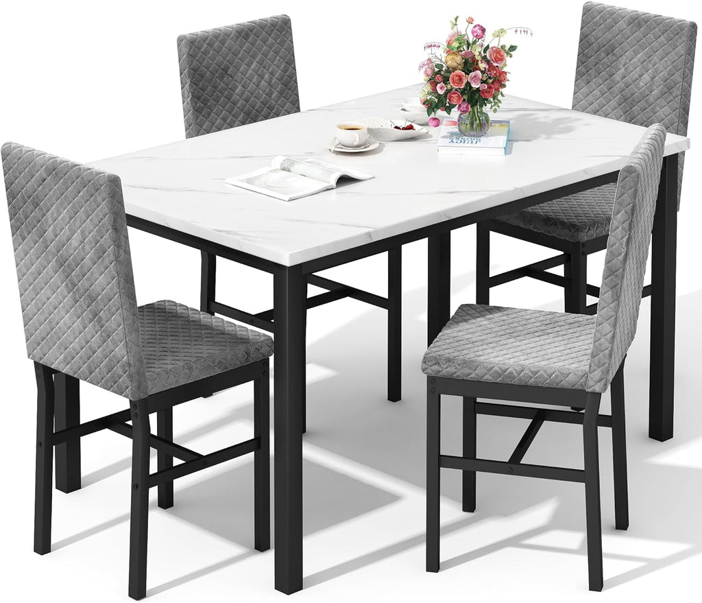 Baxluxe Dining Table Set for 4, Modern 5 Piece Dining Table Set, Faux Marble Kitchen Table and 4 Velvet Upholstered Chairs for Apartments, Dining Rooms, Small Spaces, Gray