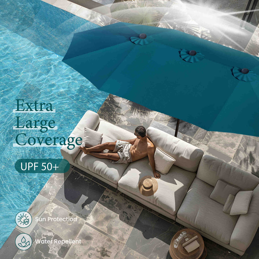SUMMIT LIVING 15 ft Large Patio Umbrella with Base (Included) Double-Sided Rectangular Outdoor Deck Umbrella for Outside - Beige