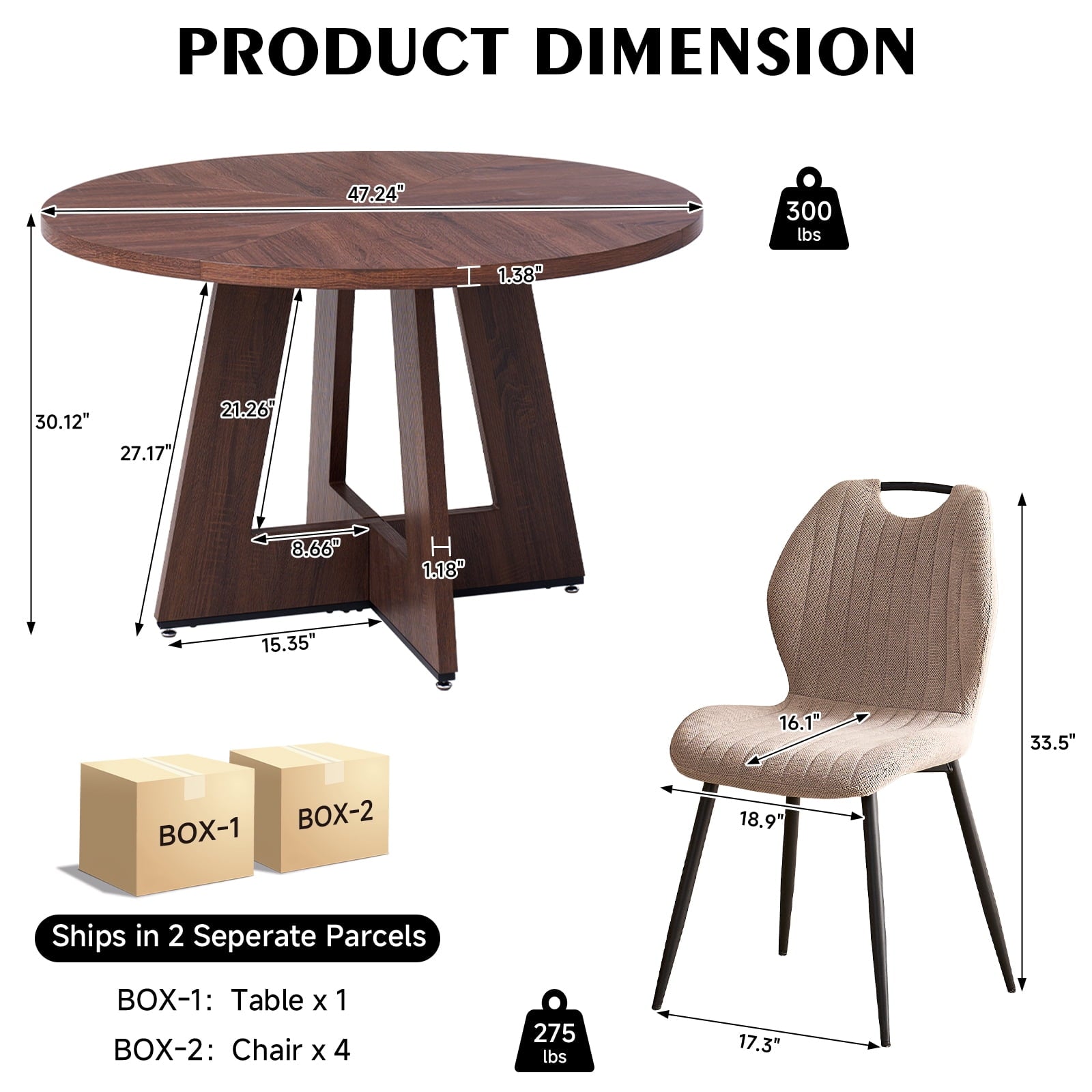 5 Piece 47'' Round Dining Table Chairs Set for 4, Farmhouse Oak Kitchen Table with 4 Boucle Mid Century Modern Dinning Room Chairs, Wood Dinner Table &Upholstered Chair Set of 4, Beige