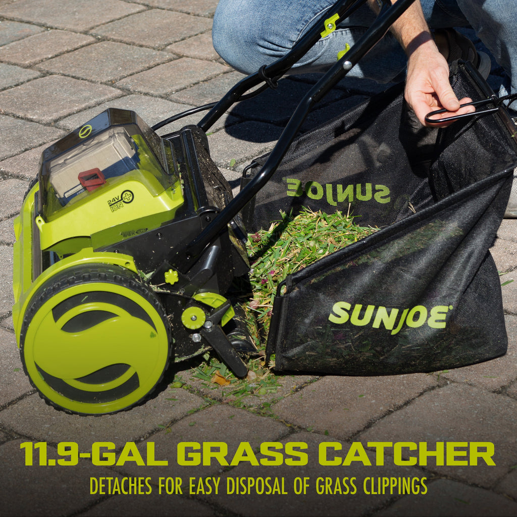 Sun Joe 24V Cordless Push Reel Lawn Mower, Battery Powered Grass Cutter for Yard, 15-Inch