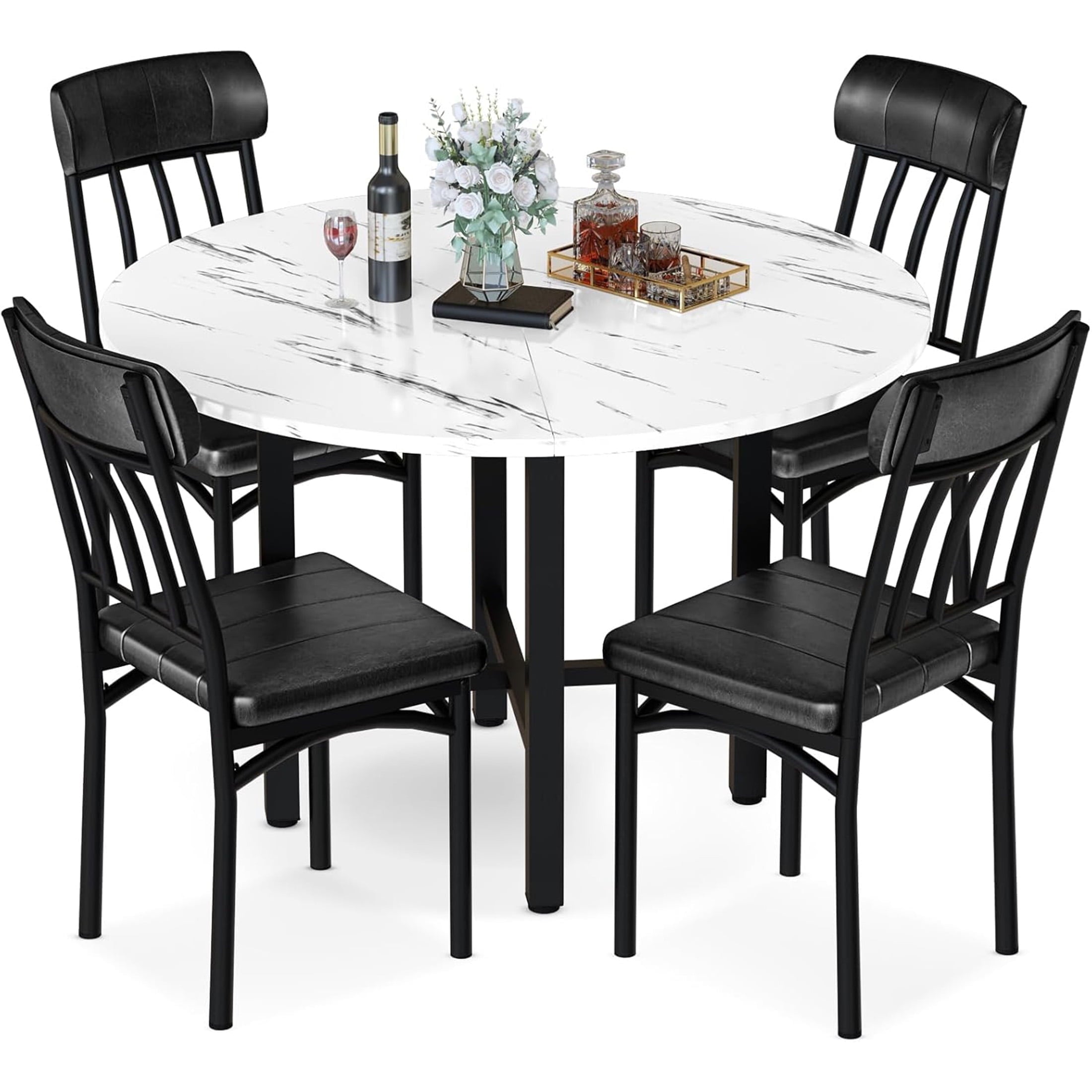 LinkRomat Round Dining Table Set for 4, Modern Dining Room Sets with 4 Faux Leather Chairs, Kitchen Dinner Wooden Table & Chair Set for Small Space, Grey