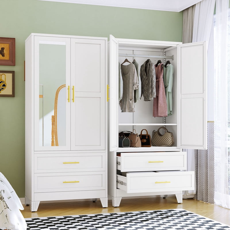 Ero Metal Freestanding Armoire Wardrobe Closet with Hanging Rod and Mirror
