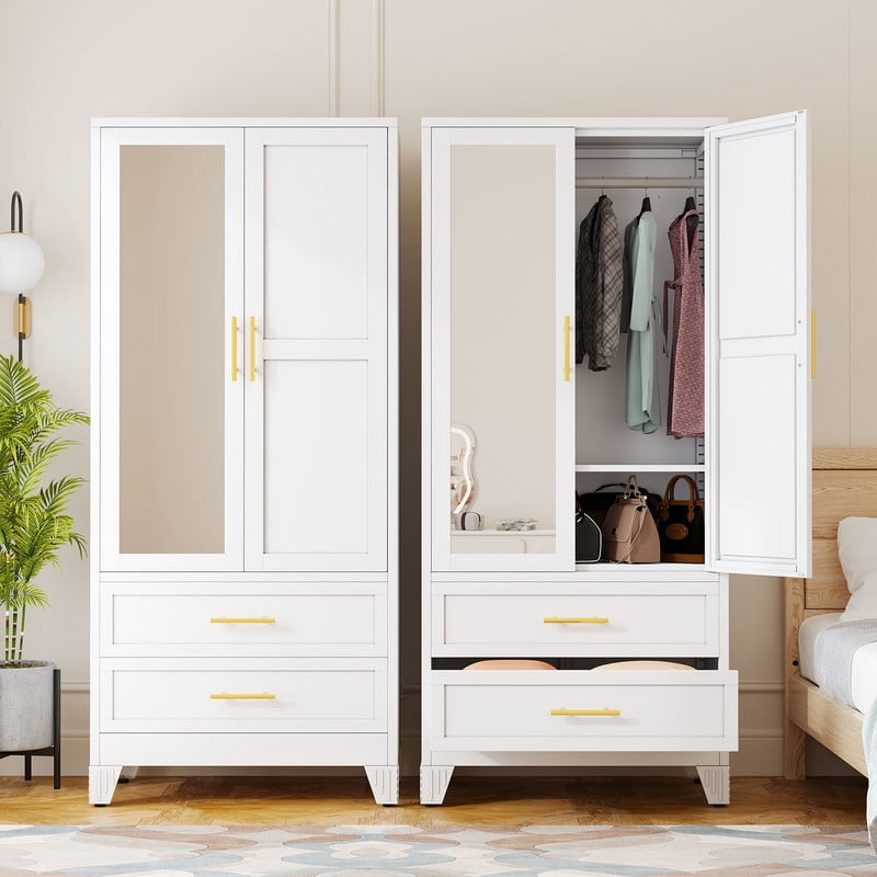 Ero Metal Freestanding Armoire Wardrobe Closet with Hanging Rod and Mirror