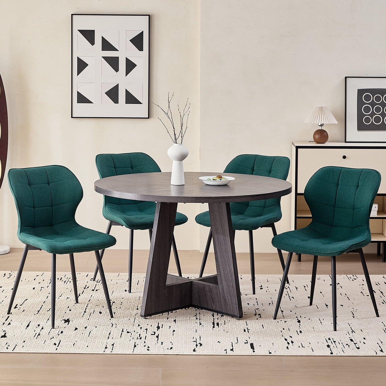 5 Piece 47'' Round Dining Table Chairs Set for 4, Farmhouse Oak Kitchen Table with 4 Boucle Mid Century Modern Dinning Room Chairs, Wood Dinner Table &Upholstered Chair Set of 4, Beige