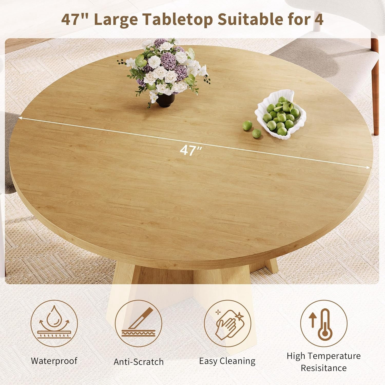 Laisnet 47 Round Dining Table for 6, Modern Wooden Dinner Table for Kitchen Living Room, Black