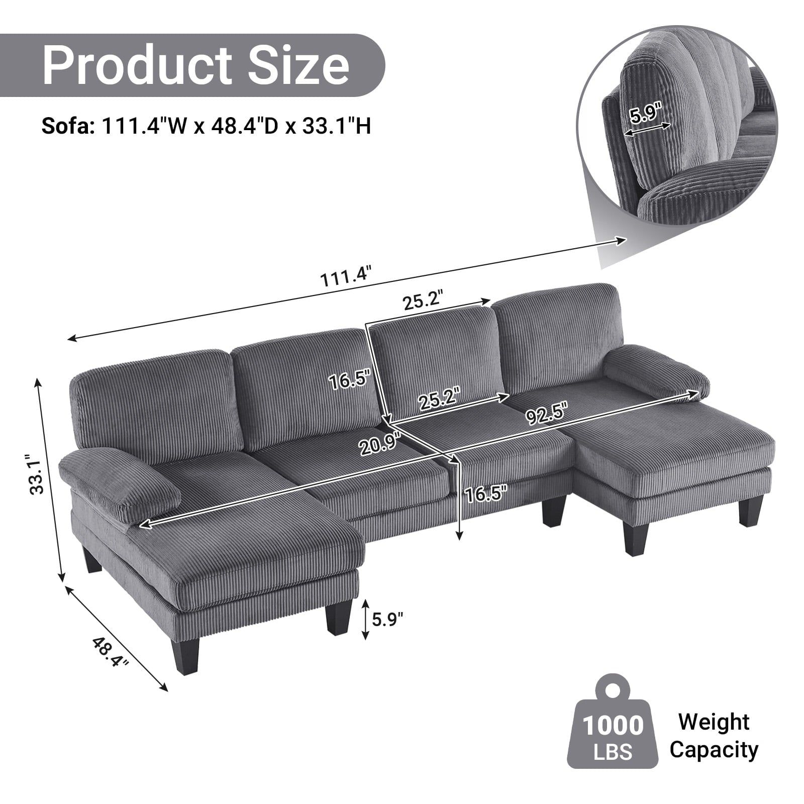 Ktaxon U-Shaped Sectional Sofa, 111  Chenille Couch, 4 Seat Lounge Sleeper with Double Chaise for Living Room Black