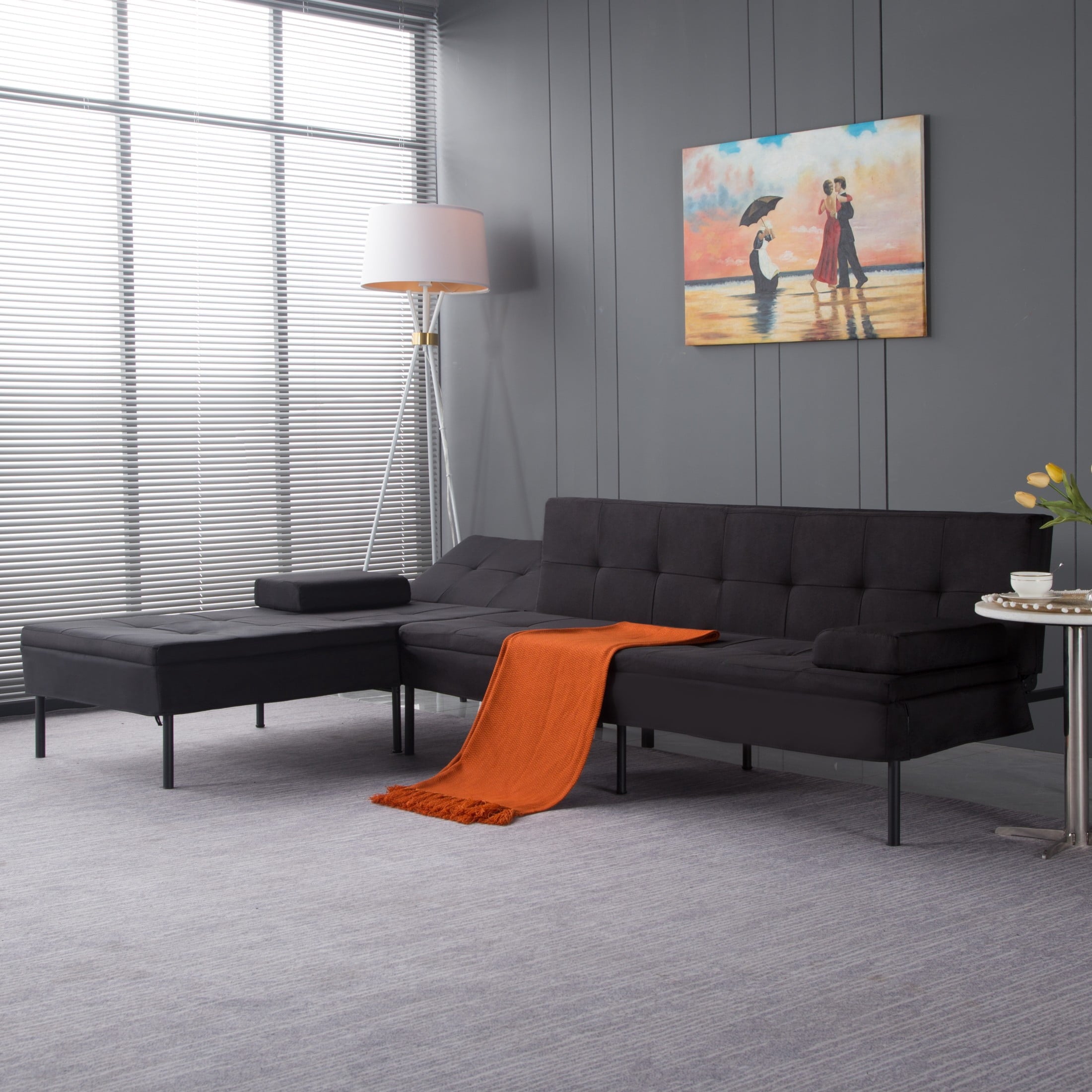 Gewnee 89.4”Convertible Sectional Sofa,L-Shaped Couch with Reversible Chaise,5-Position Adjustable Backrest,Modern Futon Sleeper for Small Spaces Living Room Apartment Office,Black Iron Frame