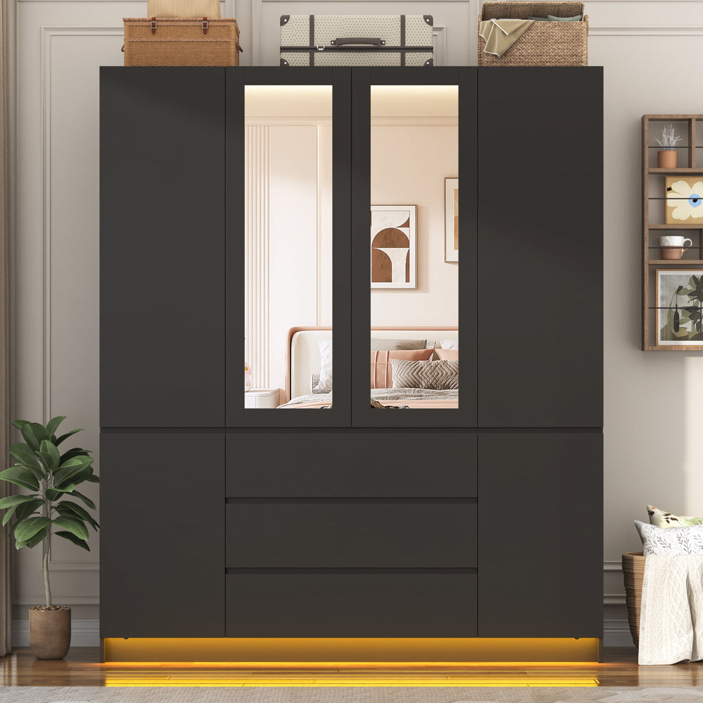 75 Tall 3 Doors Armoire Wardrobe Closet with  3 Drawers and Mirror, Large Wardrobe Closet for Bedroom with LED Lights, Wooden Armoire Storage Cabinet with Hanging Rod, Adjustable shelves (White)