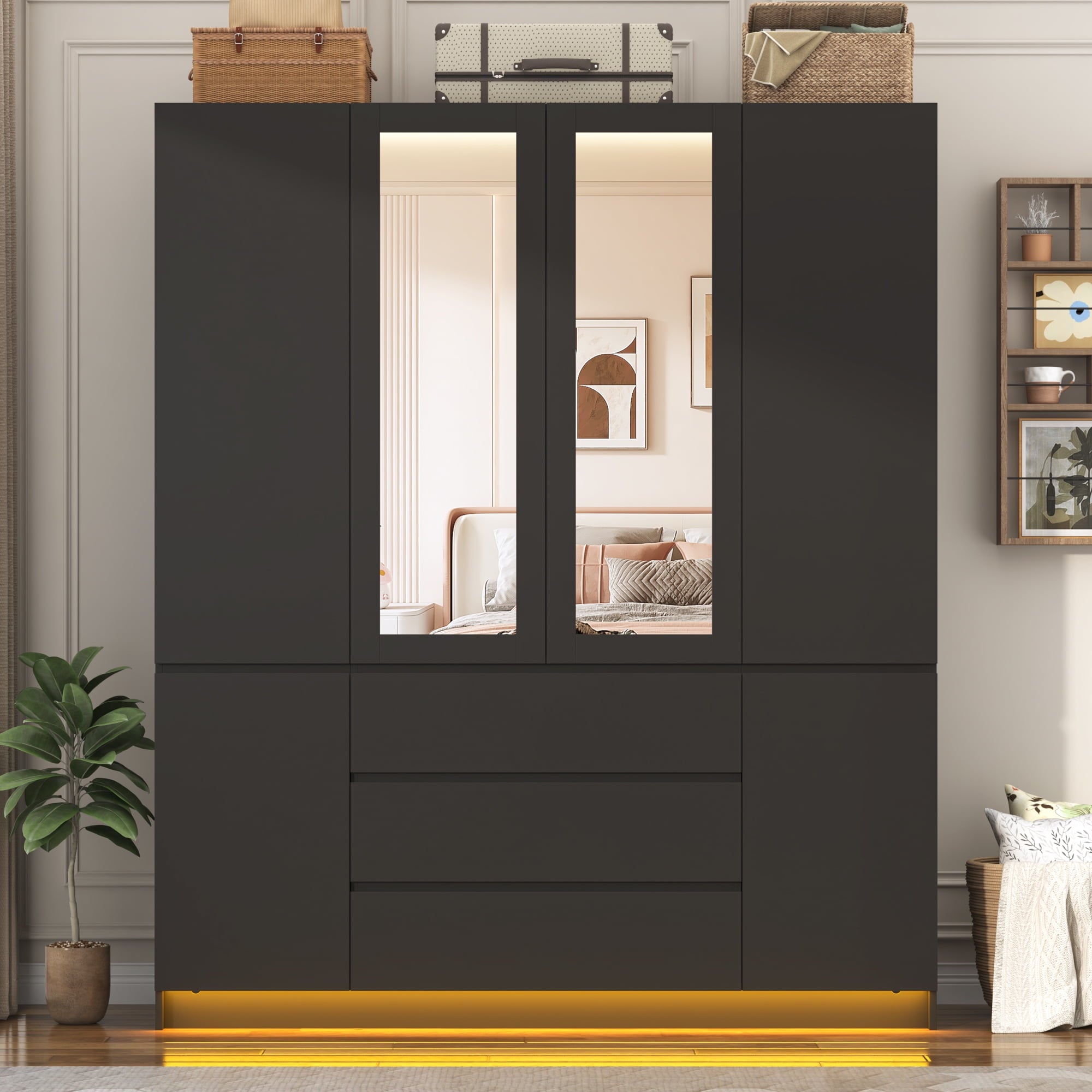 75 Tall 3 Doors Armoire Wardrobe Closet with  3 Drawers and Mirror, Large Wardrobe Closet for Bedroom with LED Lights, Wooden Armoire Storage Cabinet with Hanging Rod, Adjustable shelves (White)