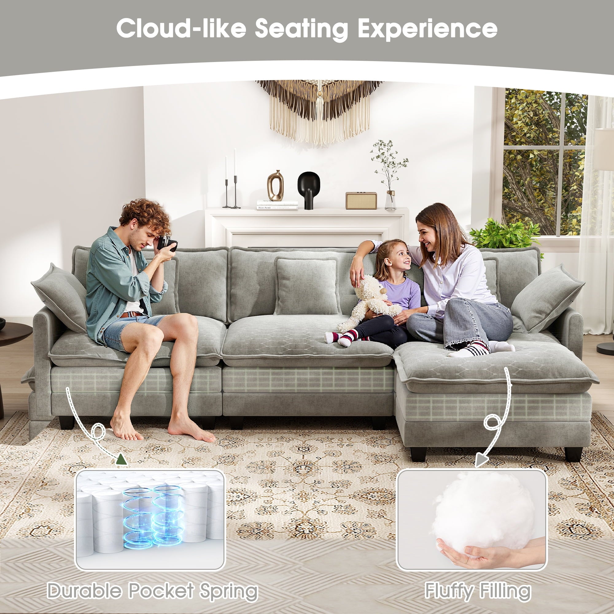 BedLuxury 111.5'' Modular Sectional Sofa with Movable Ottomans, U Shaped Cloud Couch for Living Room, 3-Seat, Beige