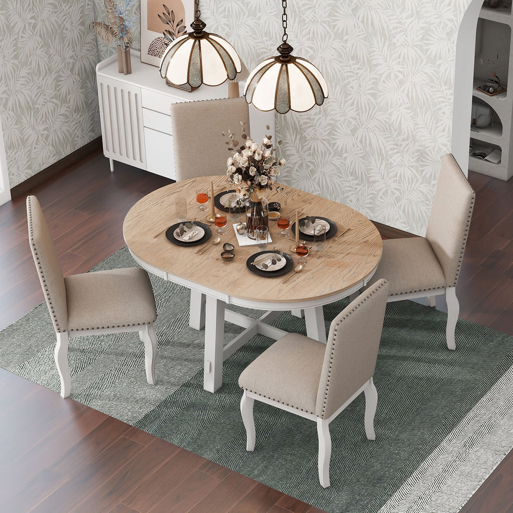Harper & Bright Designs Extendable Dining Table Set for 4 Upholstered Chairs Functional Retro Style Table for Dining Room Kitchen, Natural Wood Wash