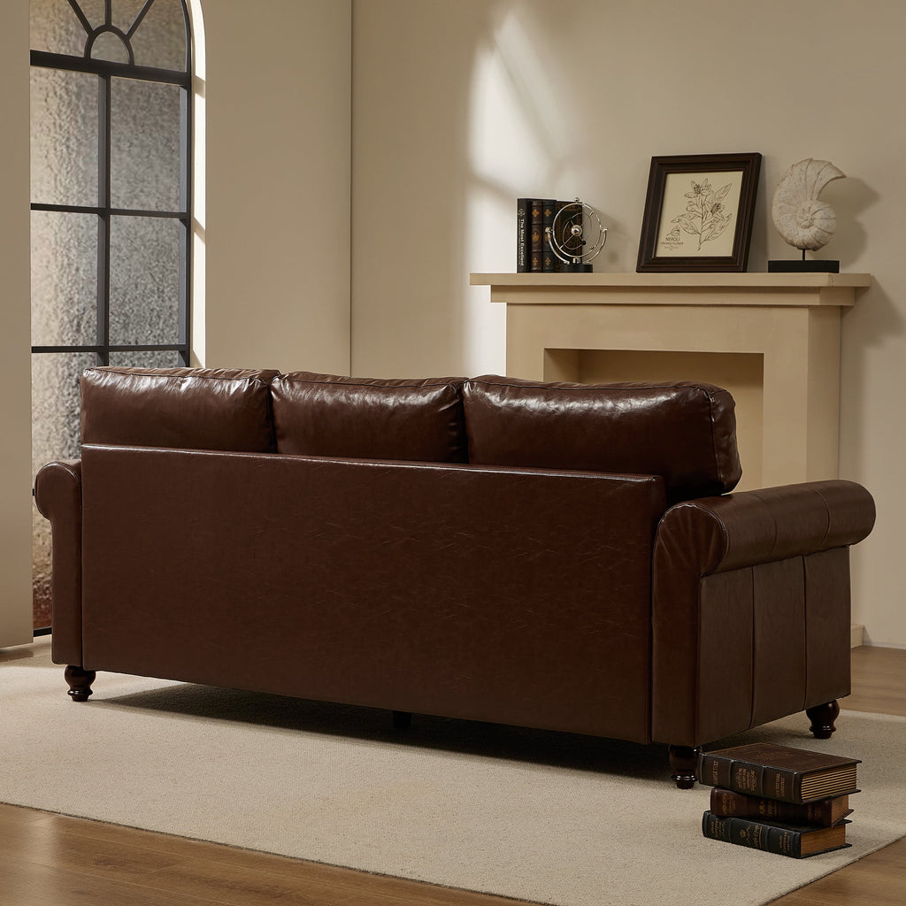 Me'on 80'' Faux Leather Sofa with Storage Seats, Classic 3-Seater Couch with Nailhead Trim, Easy Assembly, Dark Brown