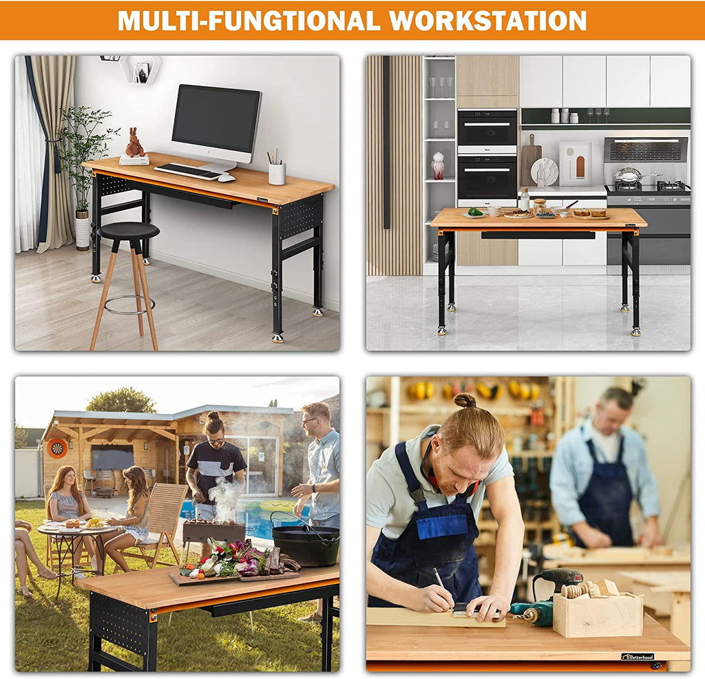Tolead 60 Heavy-Duty Adjustable Workbench with Power Outlets, Rubber Wood Shop Table, Metal Wheels, Workstation