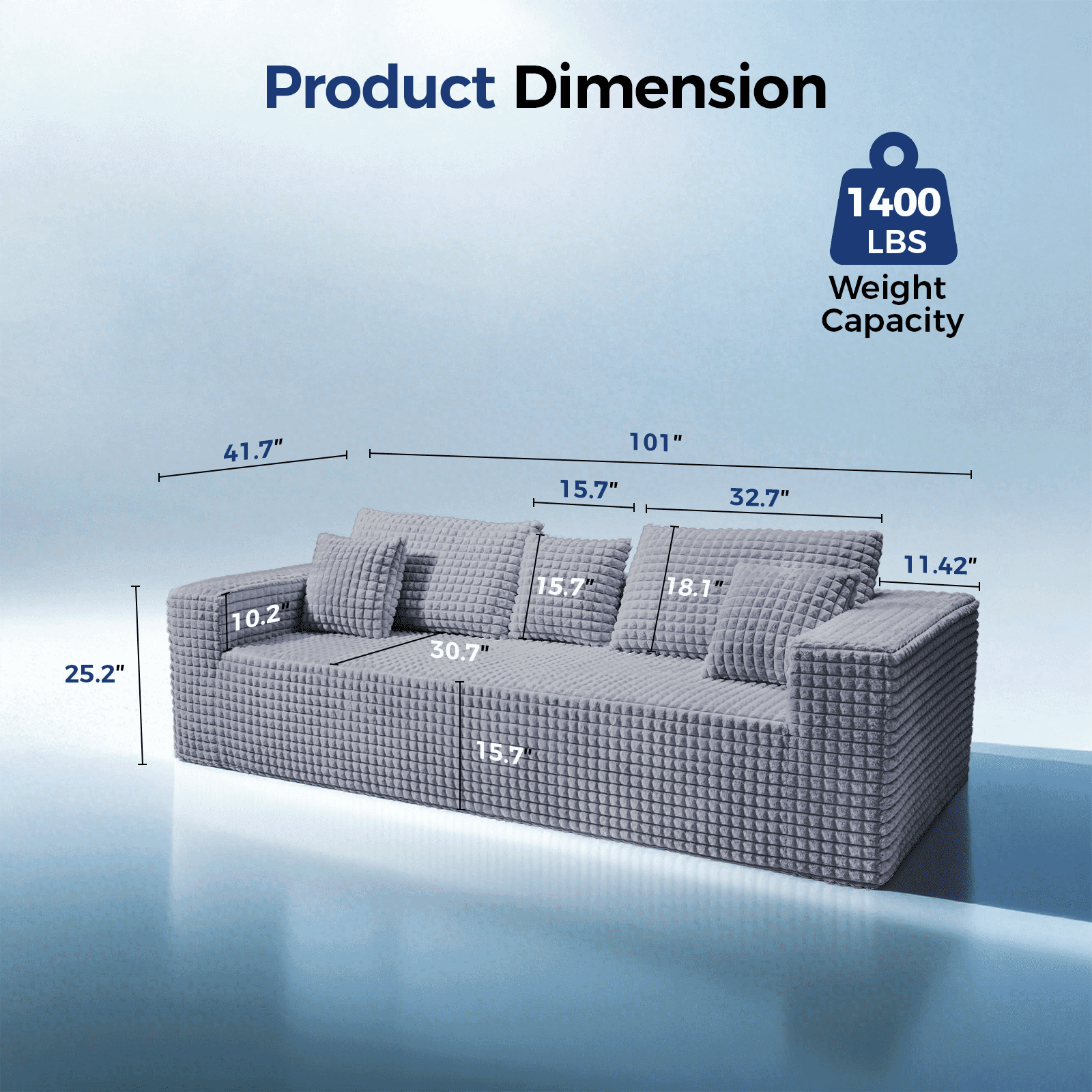 Patbrela 101 Couch for Living Room Furniture Diamond Boneless Sofa with 31-inch Extra Deep Seat, No Assembly, Gray