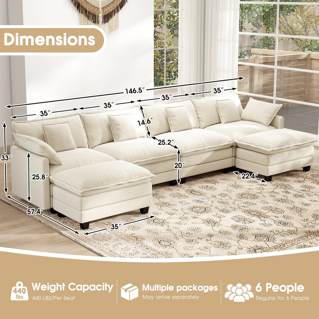 BedLuxury 111.5'' Modular Sectional Sofa with Movable Ottomans, U Shaped Cloud Couch for Living Room, 3-Seat, Grey