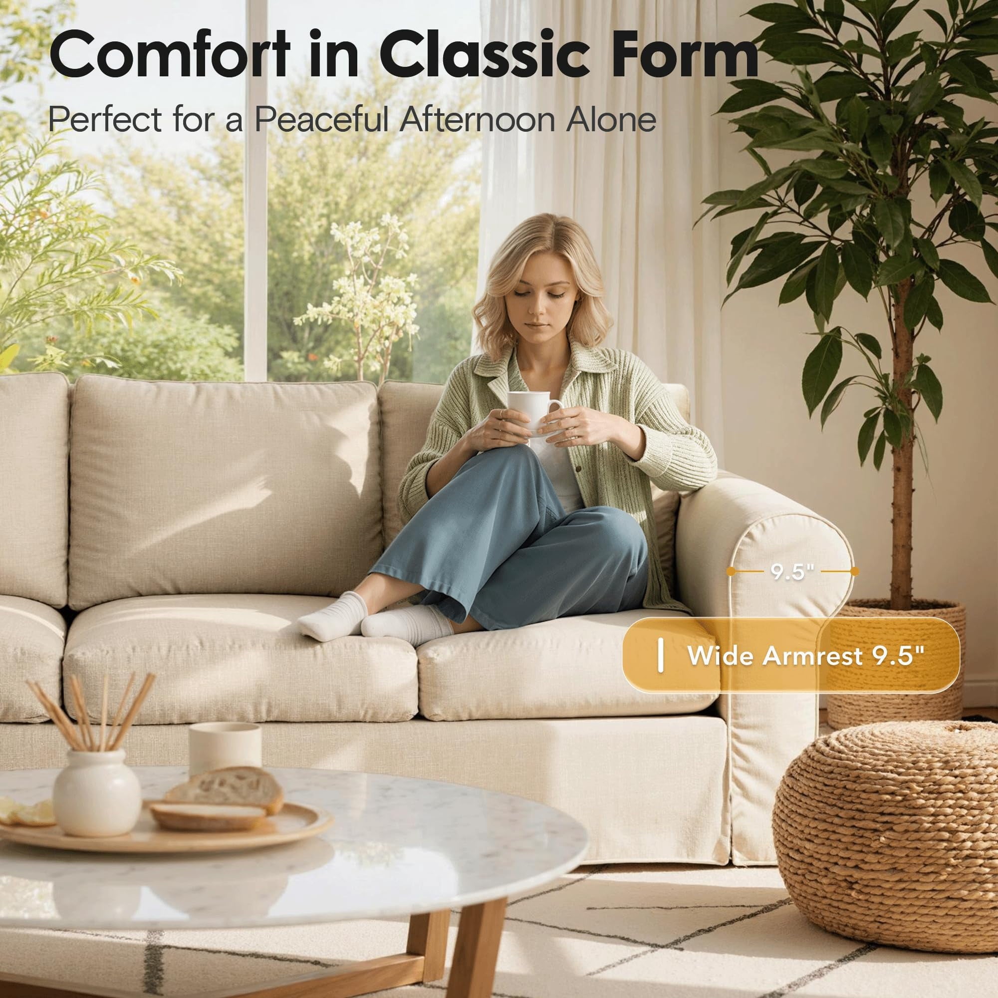 Vorthio 3-Seater Farmhouse Sofa, Deep Seat Couch with High Back Support, Removable Washable Cover, Grey