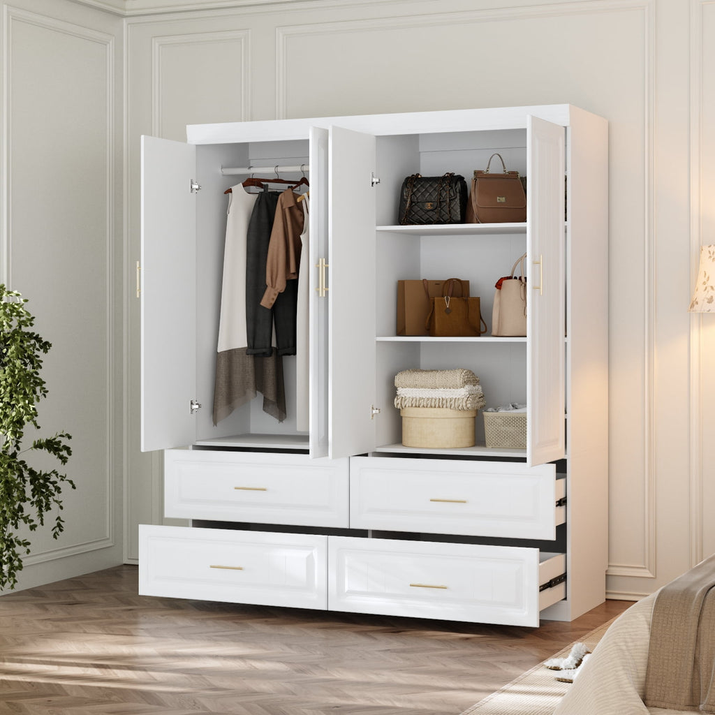 Oxylife 4-Door Wardrobe Armoire, Closet with Shelves and Drawers,Storage Cabinet with Rod for Bedroom, 93.3 H,White