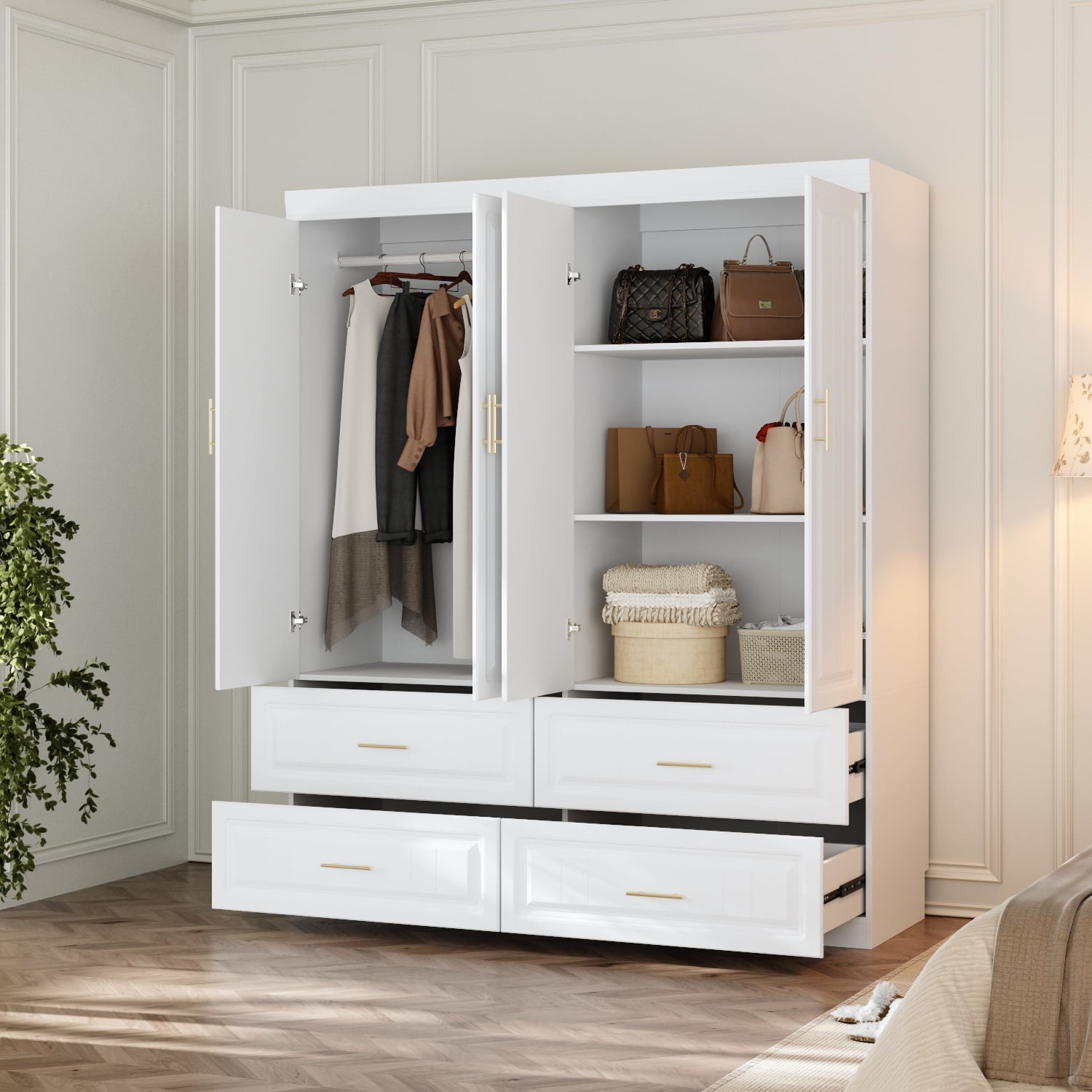 Oxylife 4-Door Wardrobe Armoire, Closet with Shelves and Drawers,Storage Cabinet with Rod for Bedroom, 93.3 H,White