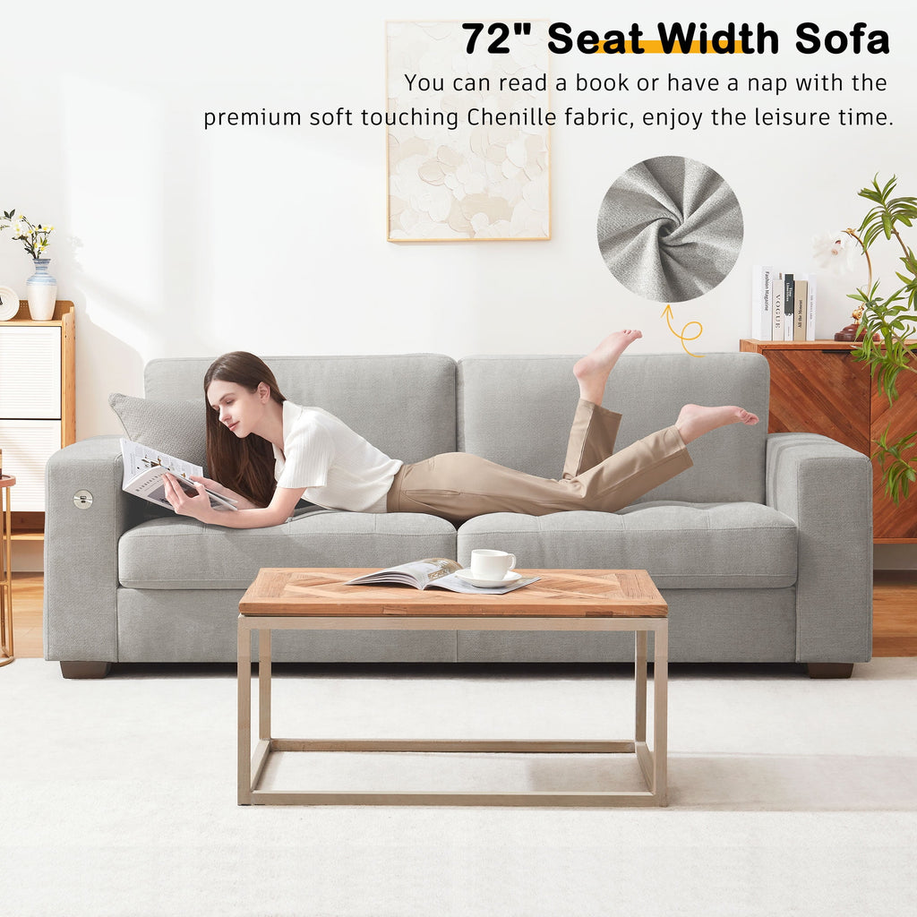 Bedluxury 89 Deep Sofa Couch with USB/Type-C Charging, Storage Pocket & Wide Armrest, Removable Cover, Seats 3 Adults, Chenille Beige