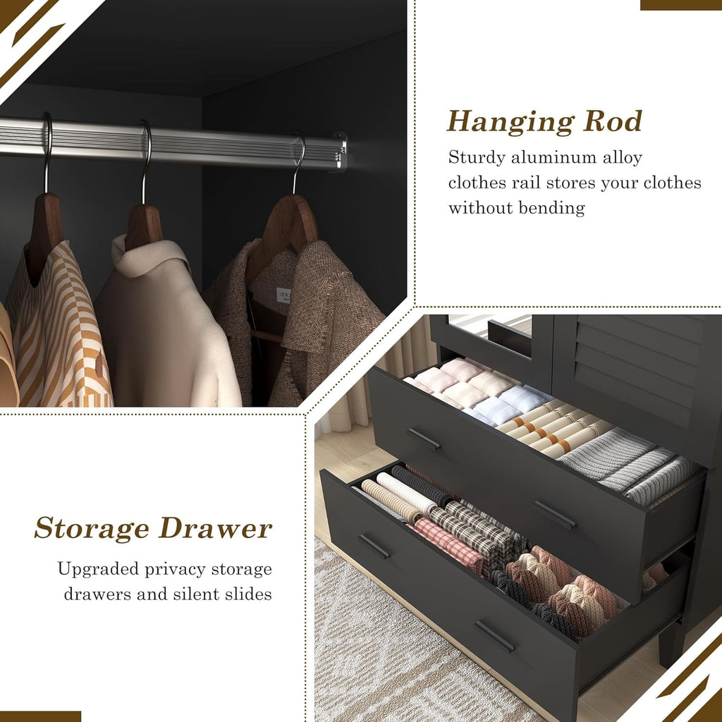 Blotout 70 Armoire Wardrobe Closet with Mirror & LED Lights, LED White Louver Door Wardrobe Armoire with 3 Drawers & Hanging Rods, Large 3 Doors Armoire Storage with Multi-Layer Shelves