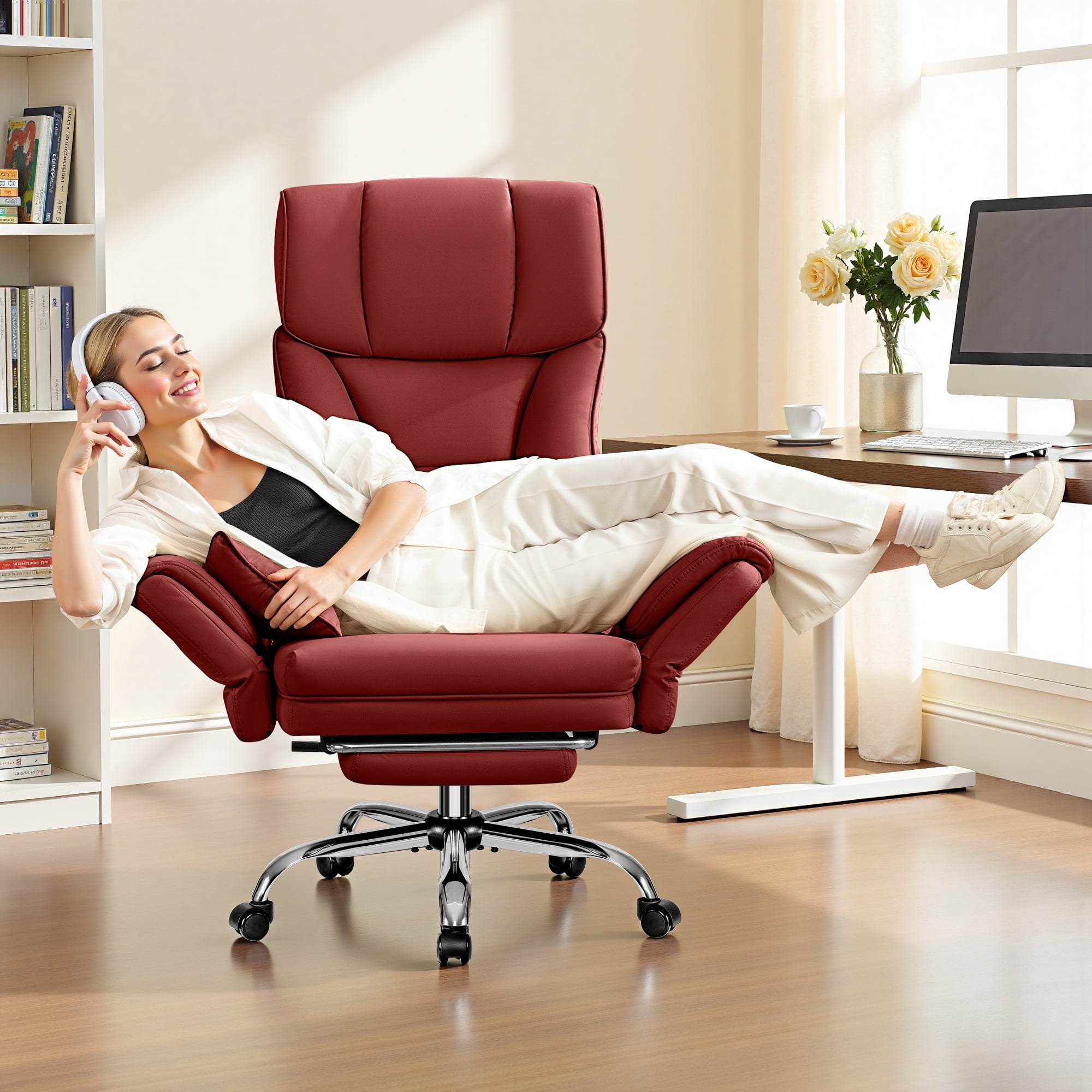 Primy Cross Legged Office Chair with Footrest & Convertible Armrests, 500LBS Capacity Home Desk Chair, Ergonomic Recliner with Lumbar Pillow, Criss Cross Design, Big and Tall Executive Chair