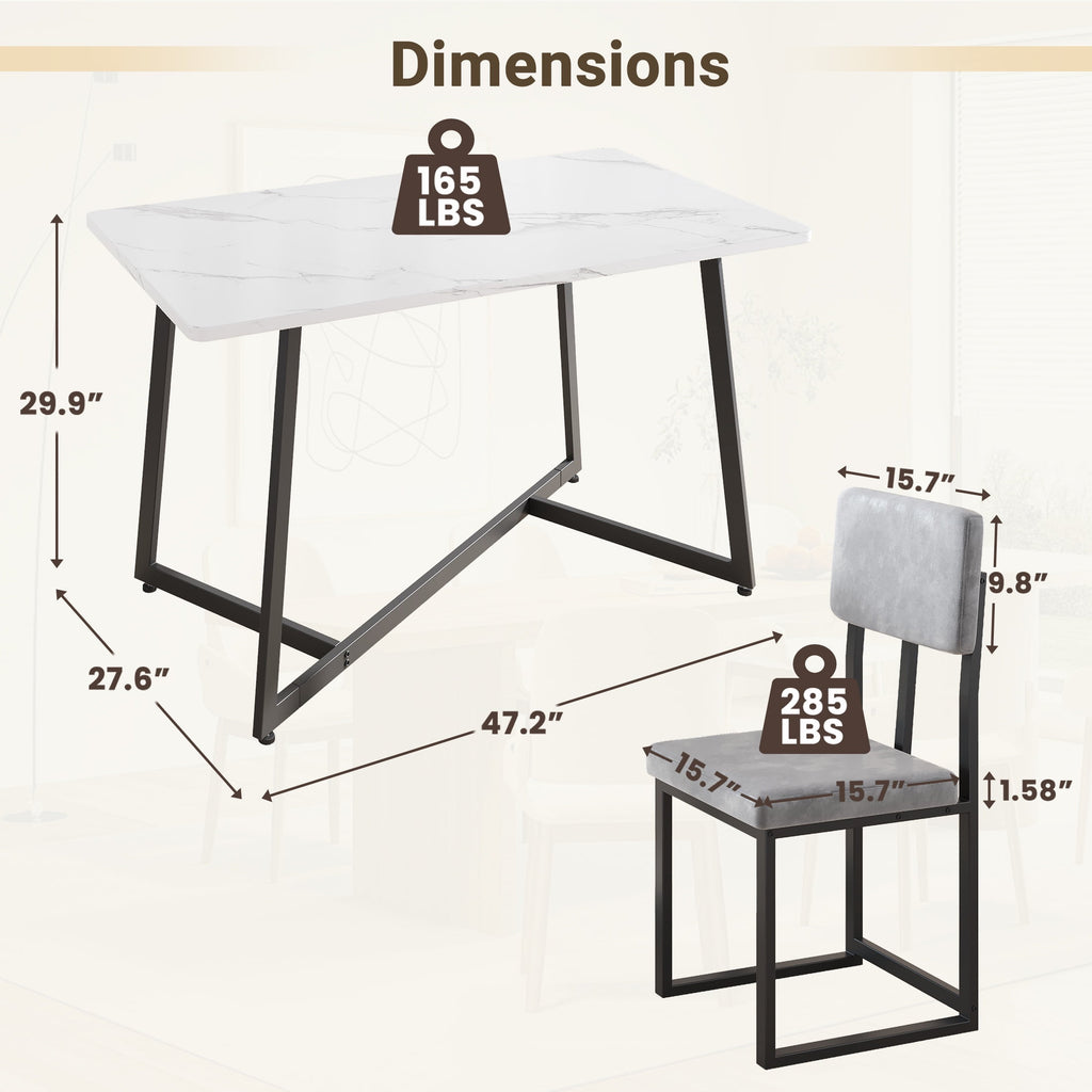 PORKISS 5 Piece Dining Table Set, Modern Faux Marble Tabletop and 4 Linen Upholstered Chairs, Rectangle Kitchen Table and Chairs for 4, White + Gray(Linen)