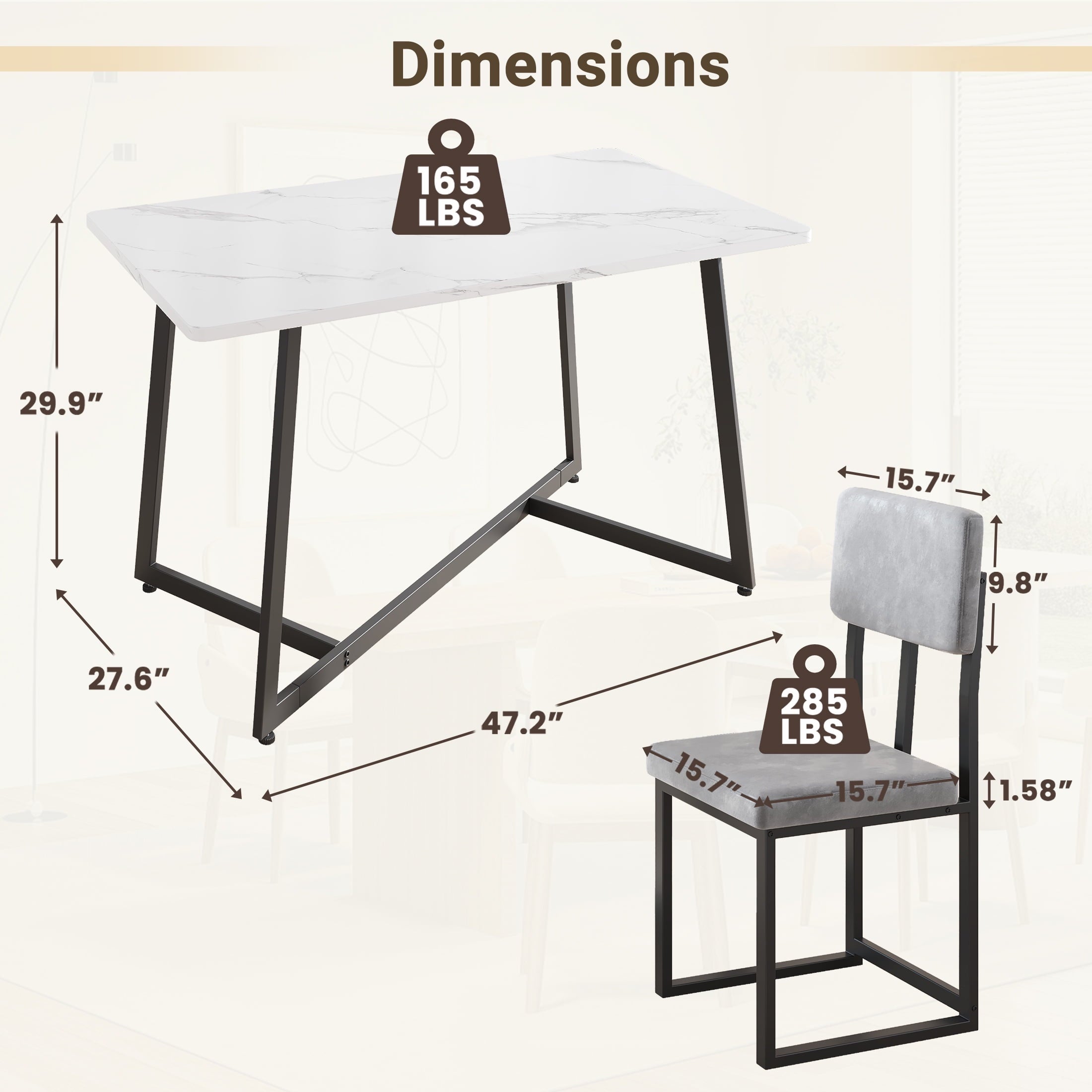 PORKISS 5 Piece Dining Table Set, Modern Faux Marble Tabletop and 4 Linen Upholstered Chairs, Rectangle Kitchen Table and Chairs for 4, White + Gray(Linen)
