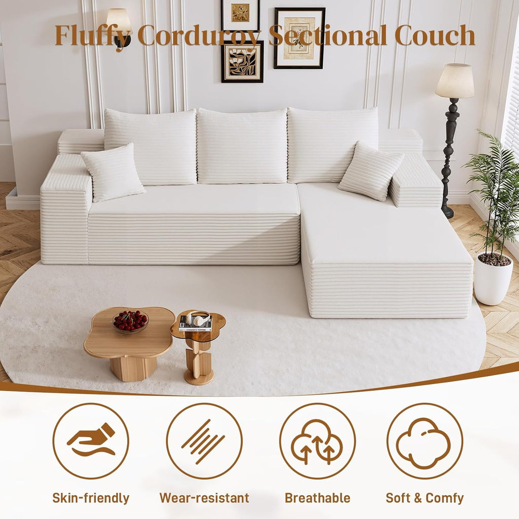 LLappuil 108 Sectional Sofa, Modular Sectional Couch with Left Chaise, Deep Seat Corduroy Cloud Sofa for Living Room Black