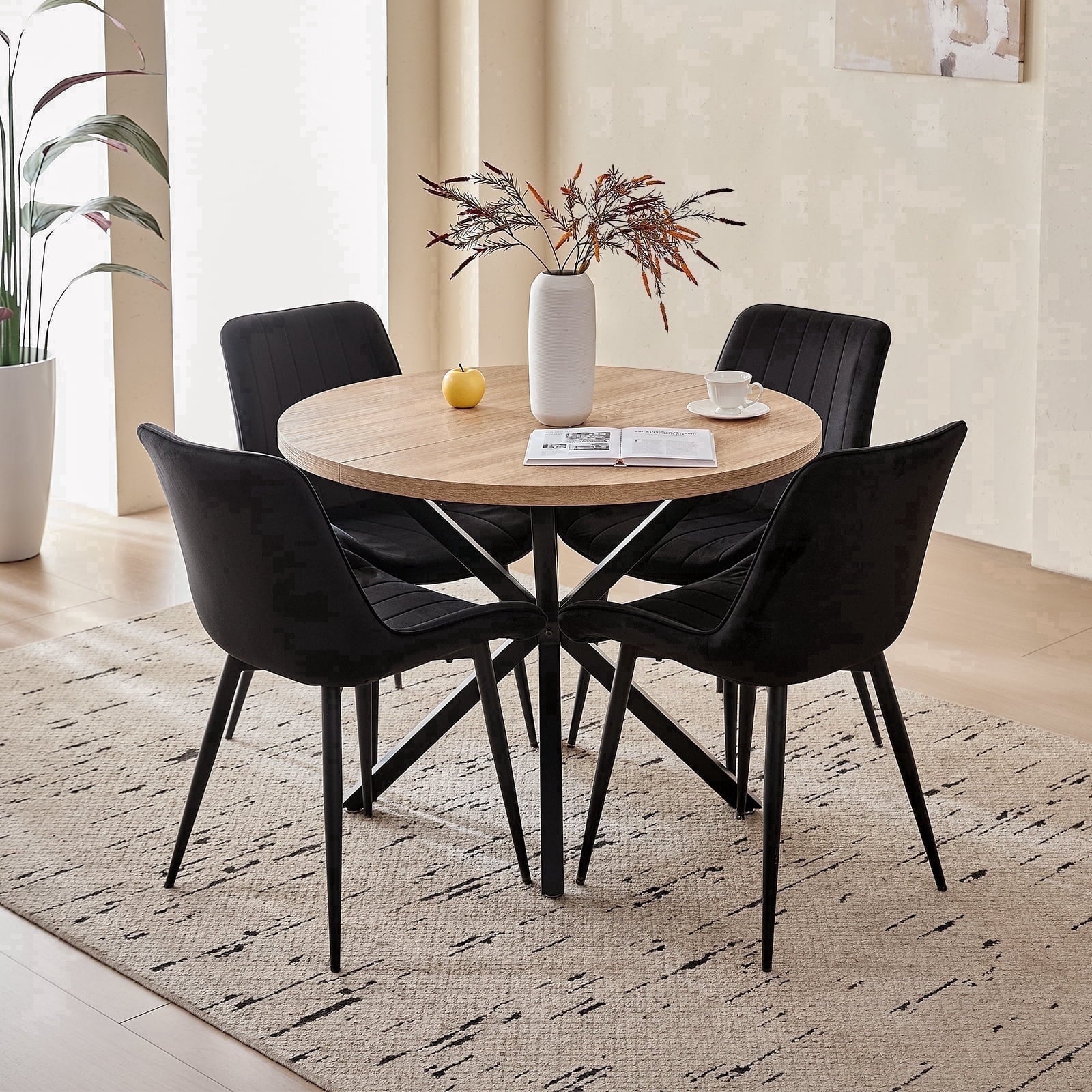 5 Piece 39 Round Dining Table Set for 4, Mid Century Kitchen Table with 4 Khaki Fabric Upholstered Dining Chairs for Apartment Living Room, Space Saving Table.