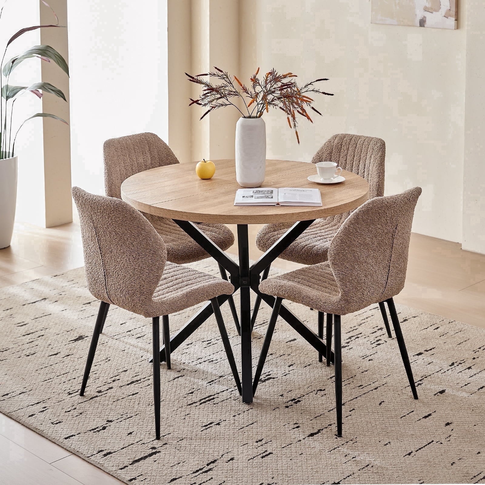 5 Piece 39 Round Dining Table Set for 4, Mid Century Kitchen Table with 4 Khaki Fabric Upholstered Dining Chairs for Apartment Living Room, Space Saving Table.