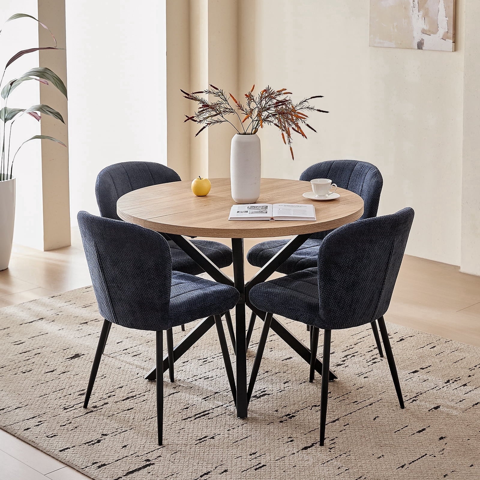 5 Piece 39 Round Dining Table Set for 4, Mid Century Kitchen Table with 4 Khaki Fabric Upholstered Dining Chairs for Apartment Living Room, Space Saving Table.