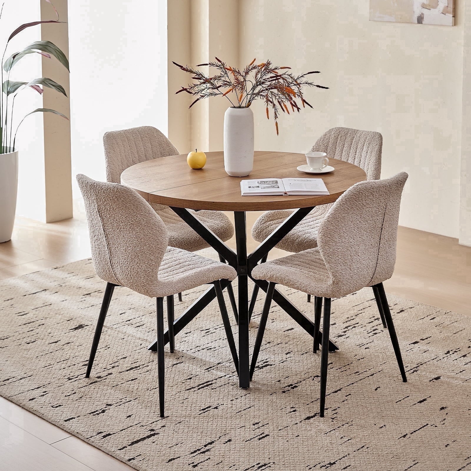 5 Piece 39 Round Dining Table Set for 4, Mid Century Kitchen Table with 4 Khaki Fabric Upholstered Dining Chairs for Apartment Living Room, Space Saving Table.