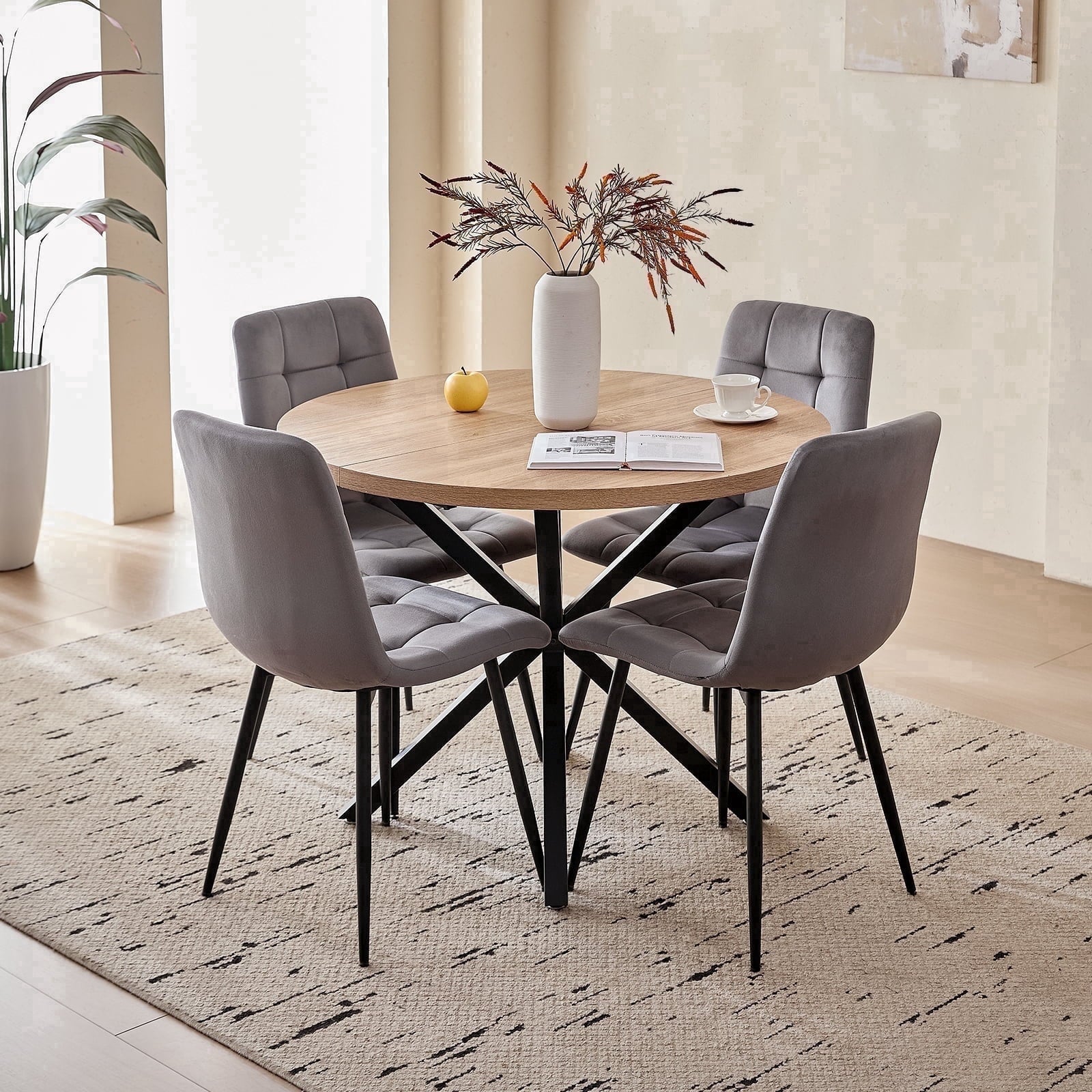 5 Piece 39 Round Dining Table Set for 4, Mid Century Kitchen Table with 4 Khaki Fabric Upholstered Dining Chairs for Apartment Living Room, Space Saving Table.