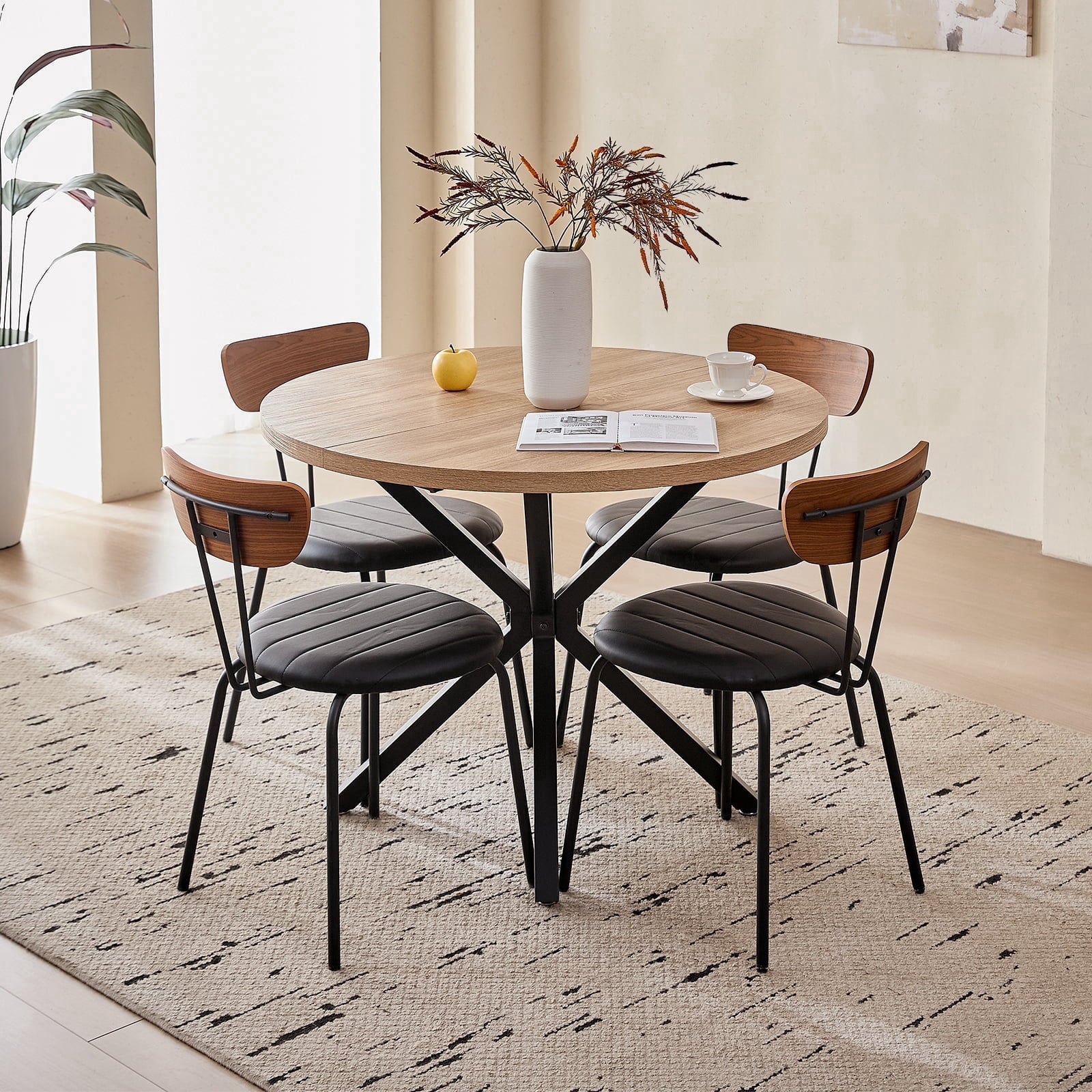 5 Piece 39 Round Dining Table Set for 4, Mid Century Kitchen Table with 4 Khaki Fabric Upholstered Dining Chairs for Apartment Living Room, Space Saving Table.