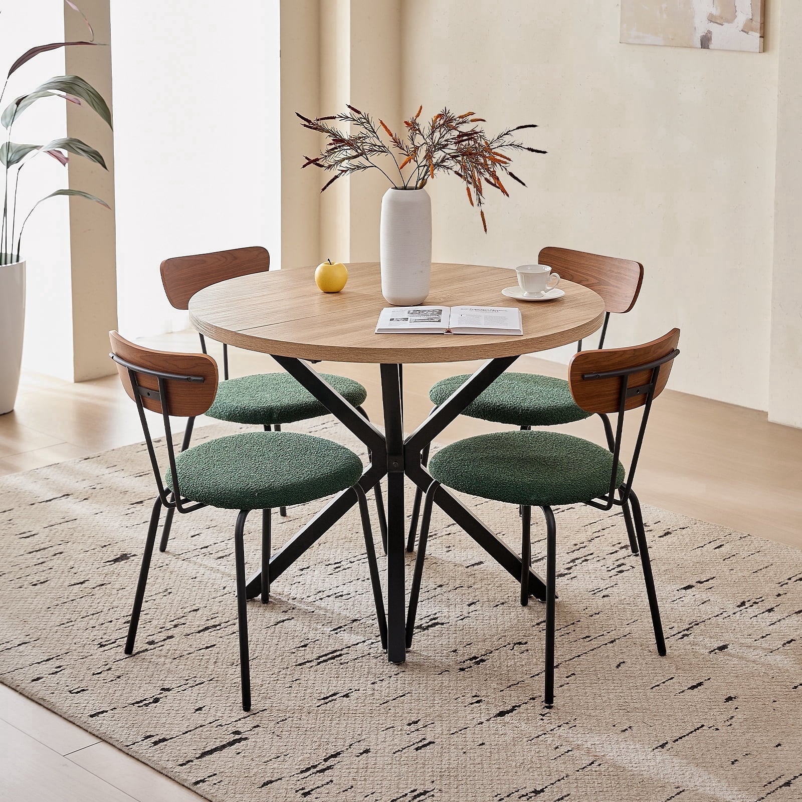 5 Piece 39 Round Dining Table Set for 4, Mid Century Kitchen Table with 4 Khaki Fabric Upholstered Dining Chairs for Apartment Living Room, Space Saving Table.