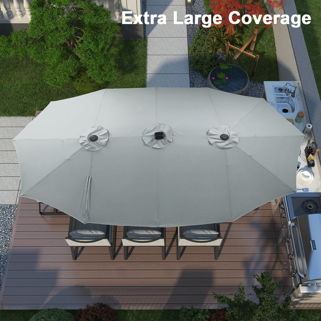Ainfox 15ft Large Patio Umbrella with Solar Lights, Double-Sided Outdoor Rectangle Table Umbrellas with Sand Bag Base，Beige
