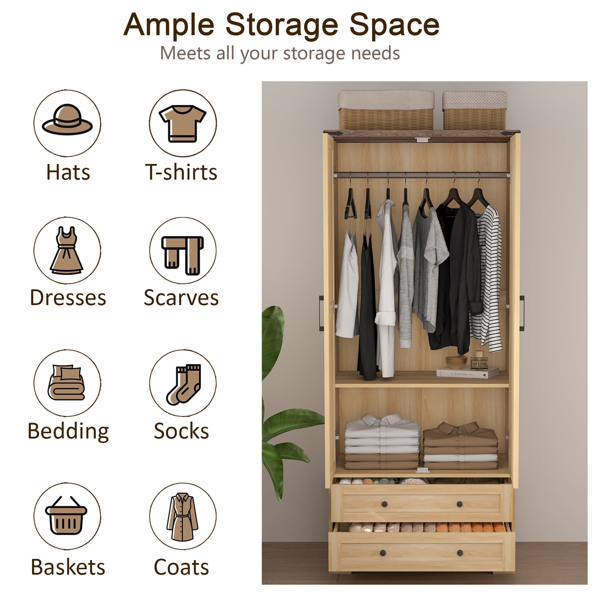 Brafabhome 71H Armoire Wardrobe Closet with 2 Drawers, Farmhouse 2 Doors Armoire Cabinet with Hanging Rod, Modern Freestanding Wardrobe Clothes Cabinet for Bedroom | Gray