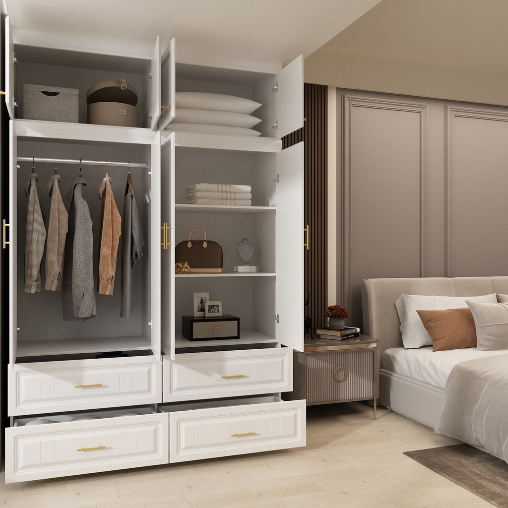 KULAGAGA 4-Door White Armoire, 63 Wide Wardrobe Storage Cabinet with Shelves and Drawers for Bedroom,74.4 H