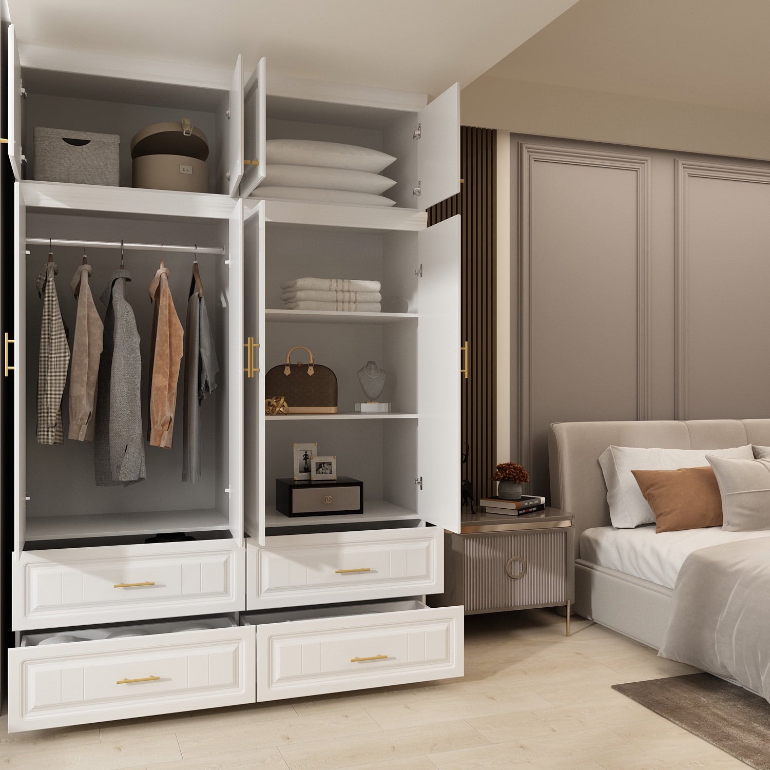KULAGAGA 4-Door White Armoire, 63 Wide Wardrobe Storage Cabinet with Shelves and Drawers for Bedroom,74.4 H