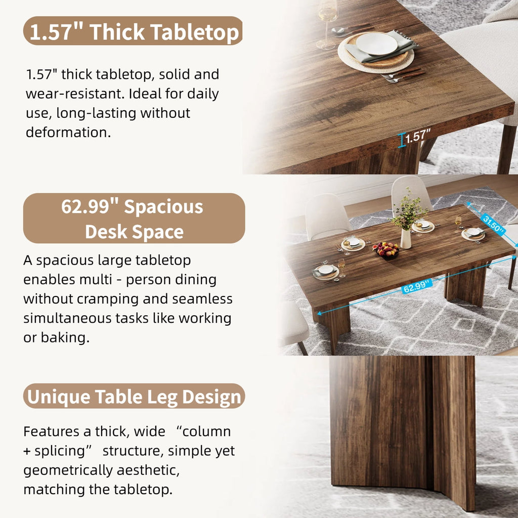 Fnova 63 Rectangular Modern Dining Table, Wooden Modern Kitchen Table for 6 People for Dining Room, Warm Brown (Chairs Not Included)
