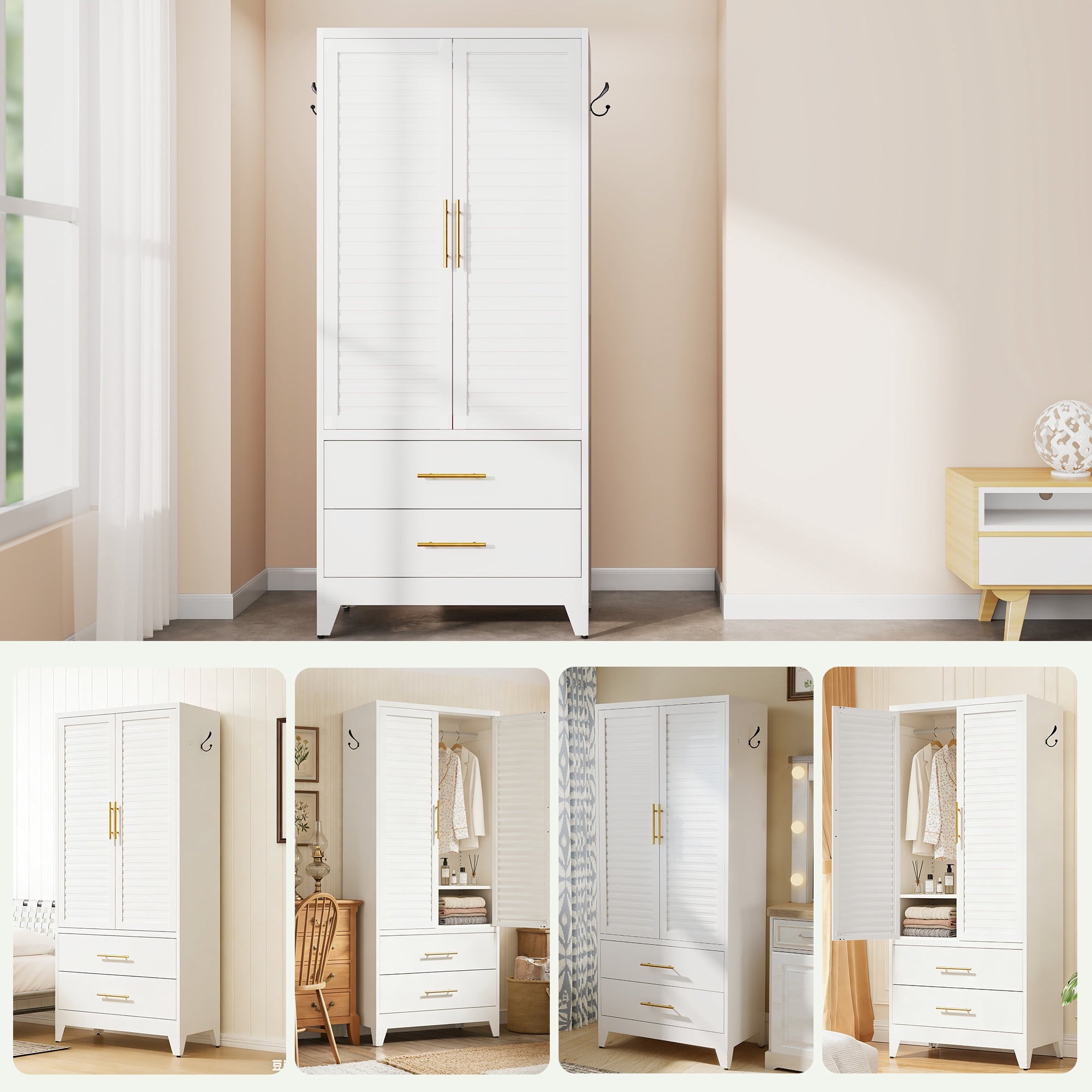 avobird 60 Tall Metal Wardrobe Cabinet with 1 Drawer and Hanging Rod, 2 Doors Wardrobe Closet with Shelf for Bedroom, Beige
