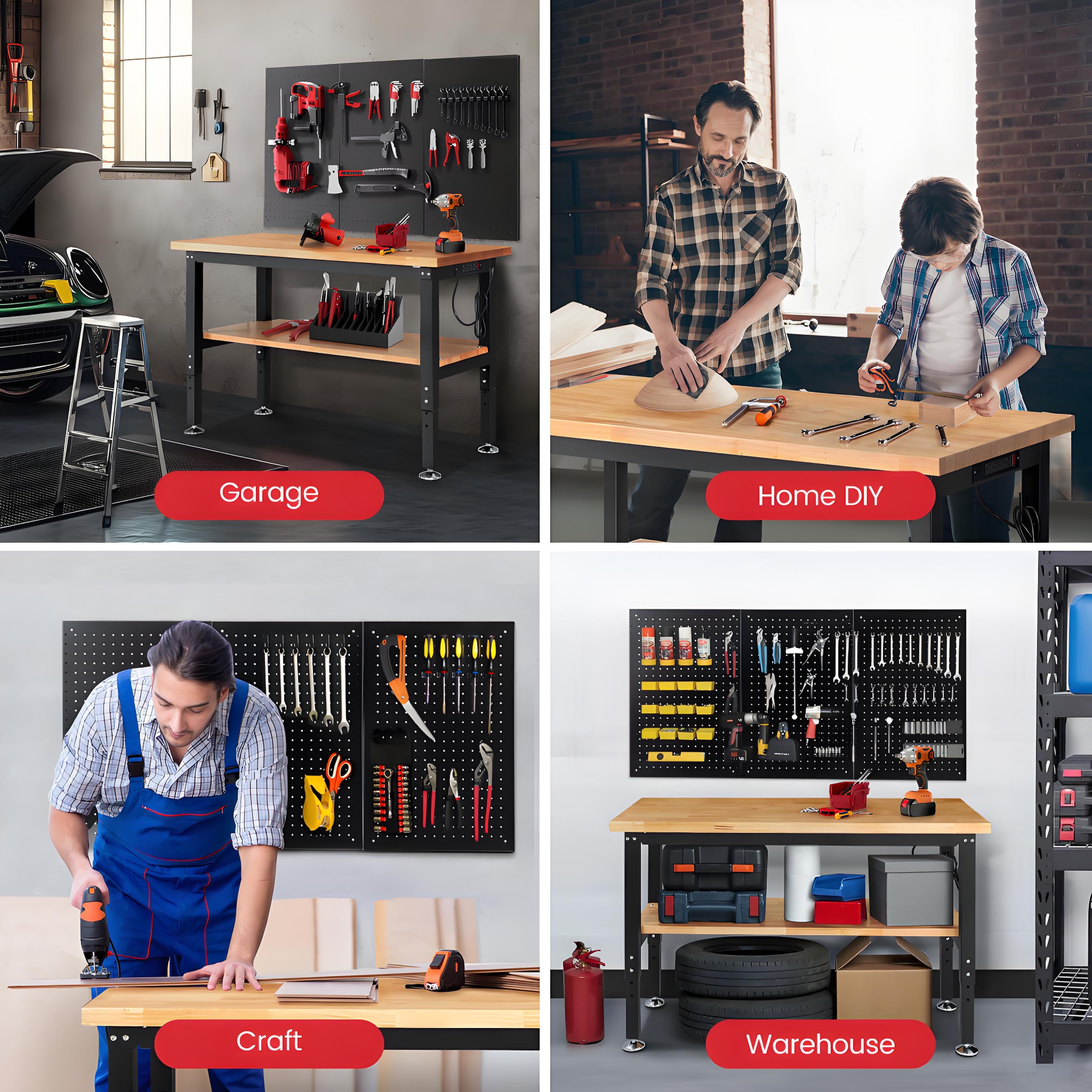 Workbench for Garage,ENJOYWOOD Heavy-Duty 60 inch 2 Tier Wood Work Bench with Storage Pegboards,Rubber Mat,Power Outlets, Rubber Wood Tabletop 2000 LBS Load Bearing Workstation Garage Desk Work Table
