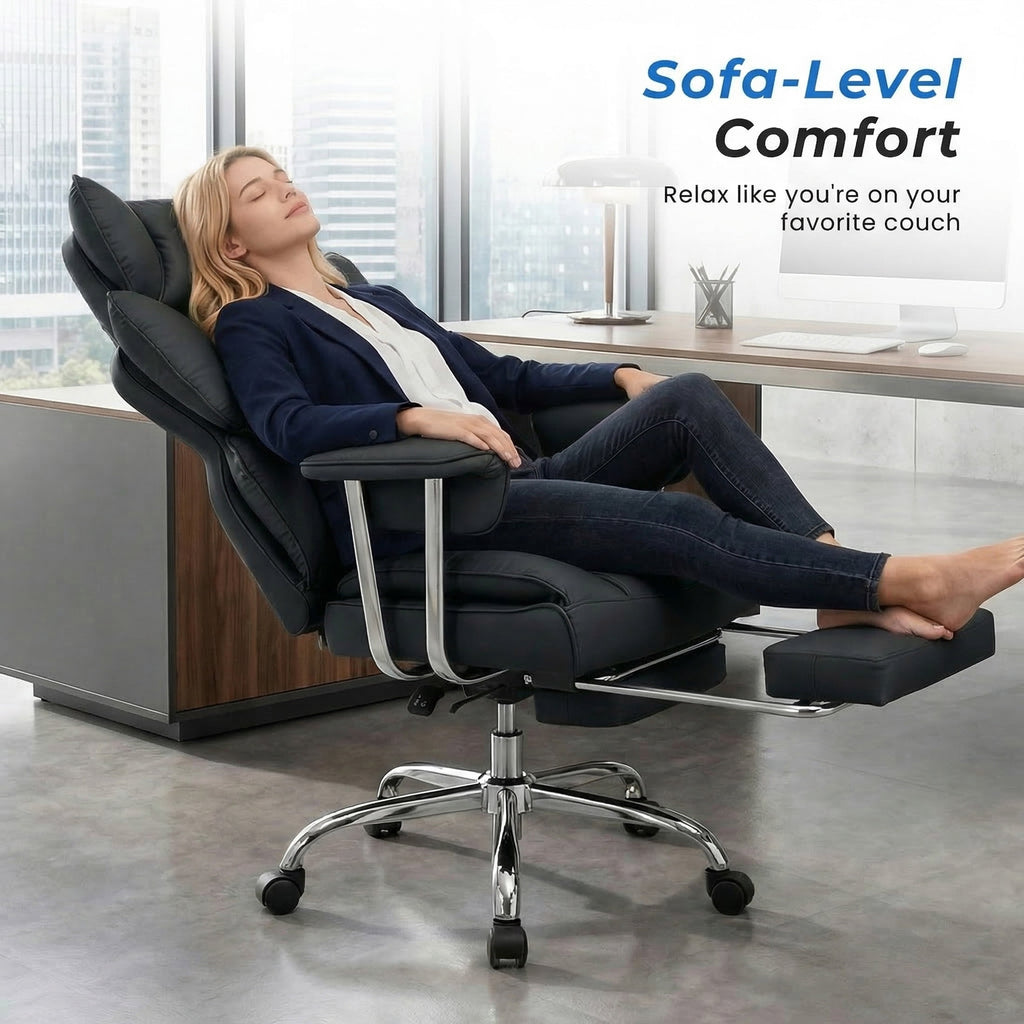 edx Executive Home Office Desk Chair, Ergonomic Big Tall High Back with Footrest & Lumbar Support, Reclining Comfy PU Leather Computer Gaming Chair with Swivel Wheels, Height Adjustable, Black